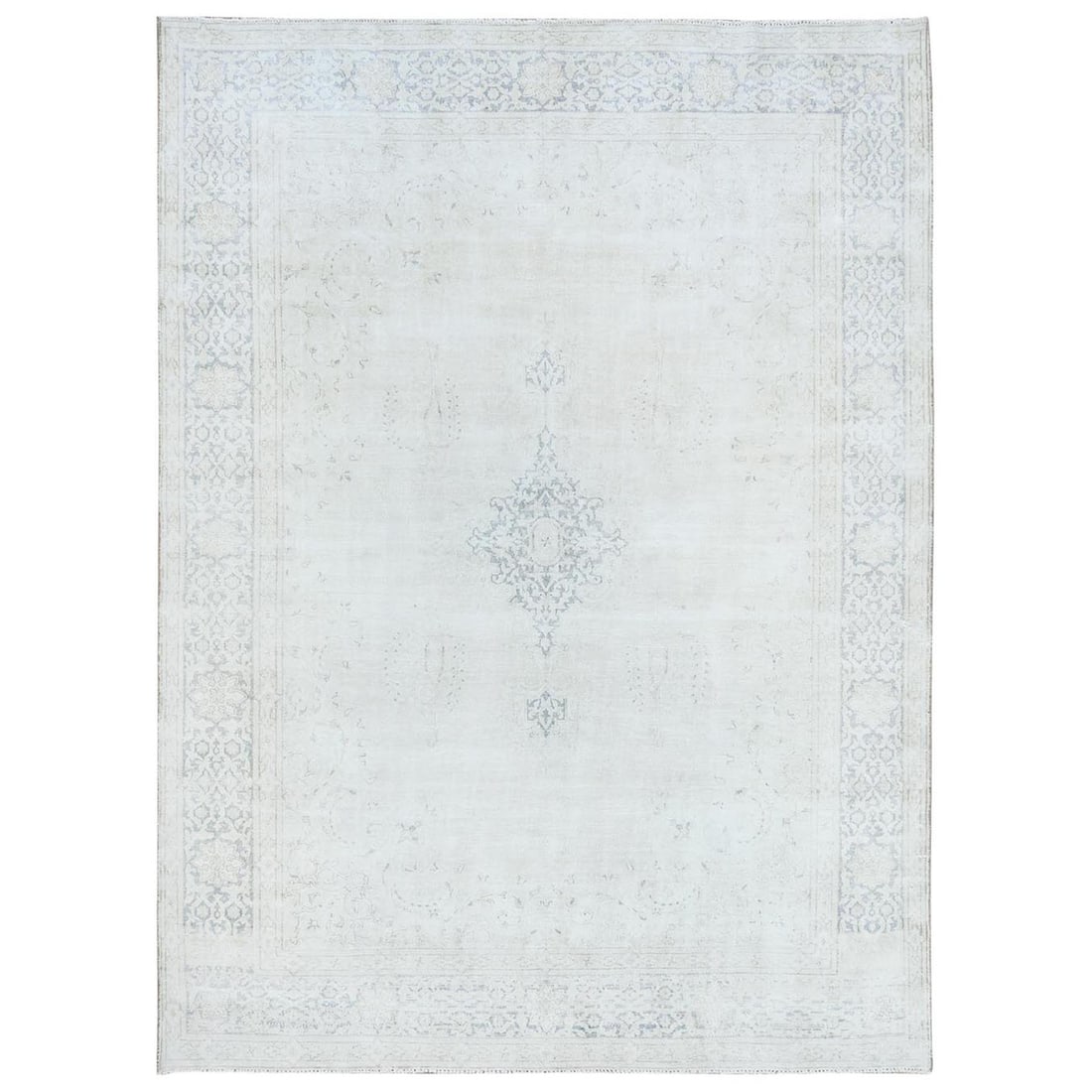 9'6"x12'9" Ivory Hand Knotted Wool Shabby Chic Distressed Old Farsian Rug: 9'6"x12'9" Ivory Hand Knotted Wool Shabby Chic Distressed Old Farsian Rug 9'6" x 12'9" Ivory Farsian Rug: A stunning piece of vintage craftsmanship, this hand-knotted wool rug boasts a beautiful, worn