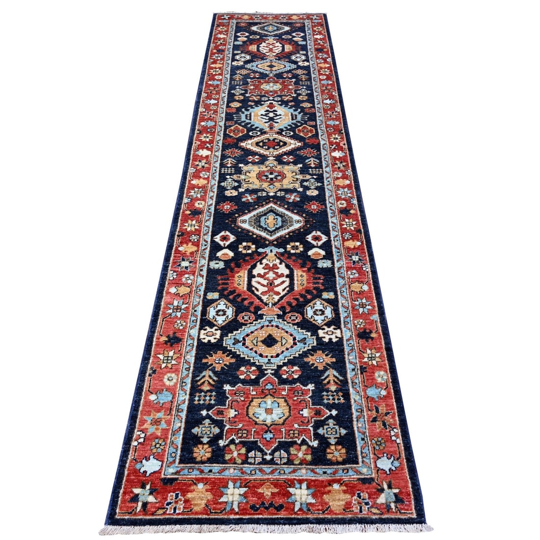 2'7"x11'8" Blue Karajeh Design Pure Wool Fine Aryana Runner Oriental Rug: 2'7"x11'8" Blue Karajeh Design Pure Wool Fine Aryana Runner Oriental Rug The 2'7"x11'8" Blue Karajeh Design Pure Wool Fine Aryana Runner Oriental Rug boasts a stunning blue field with intricate Karaje