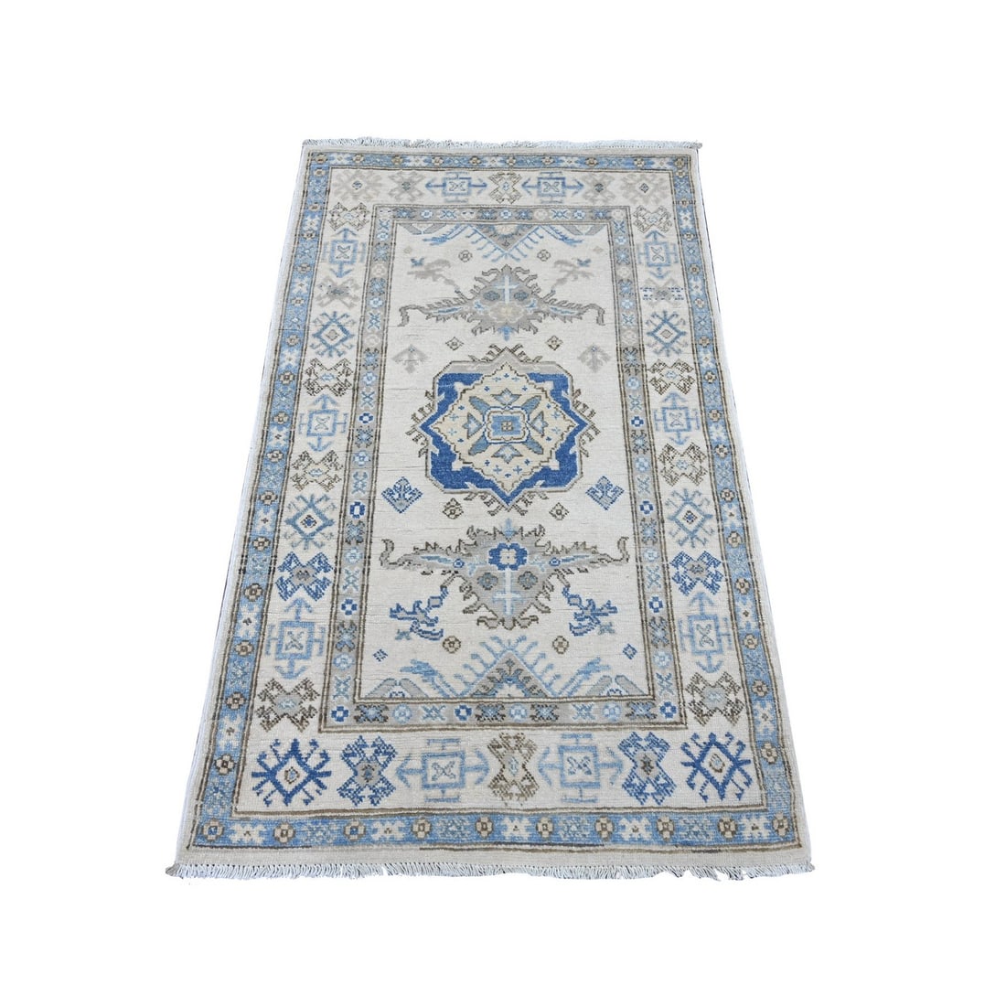 2'10"x4'8" Ivory Vintage Look Kazak Hand Knotted Pure Wool Oriental Rug: 2'10"x4'8" Ivory Vintage Look Kazak Hand Knotted Pure Wool Oriental Rug This stunning 2'10"x4'8" Ivory Kazak hand-knotted pure wool Oriental rug boasts a beautiful medallion pattern and a rich, ivory 