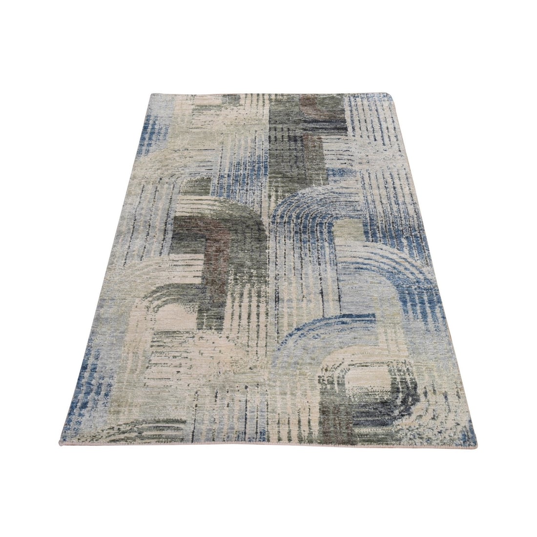 Ivory silk with textured wool, hand knotted 3'1"x5: Ivory silk with textured wool, hand knotted 3'1"x5 Textured wool and ivory silk come together in a stunning hand-knotted rug, featuring a geometric regional design in a timeless ivory color. Measuring