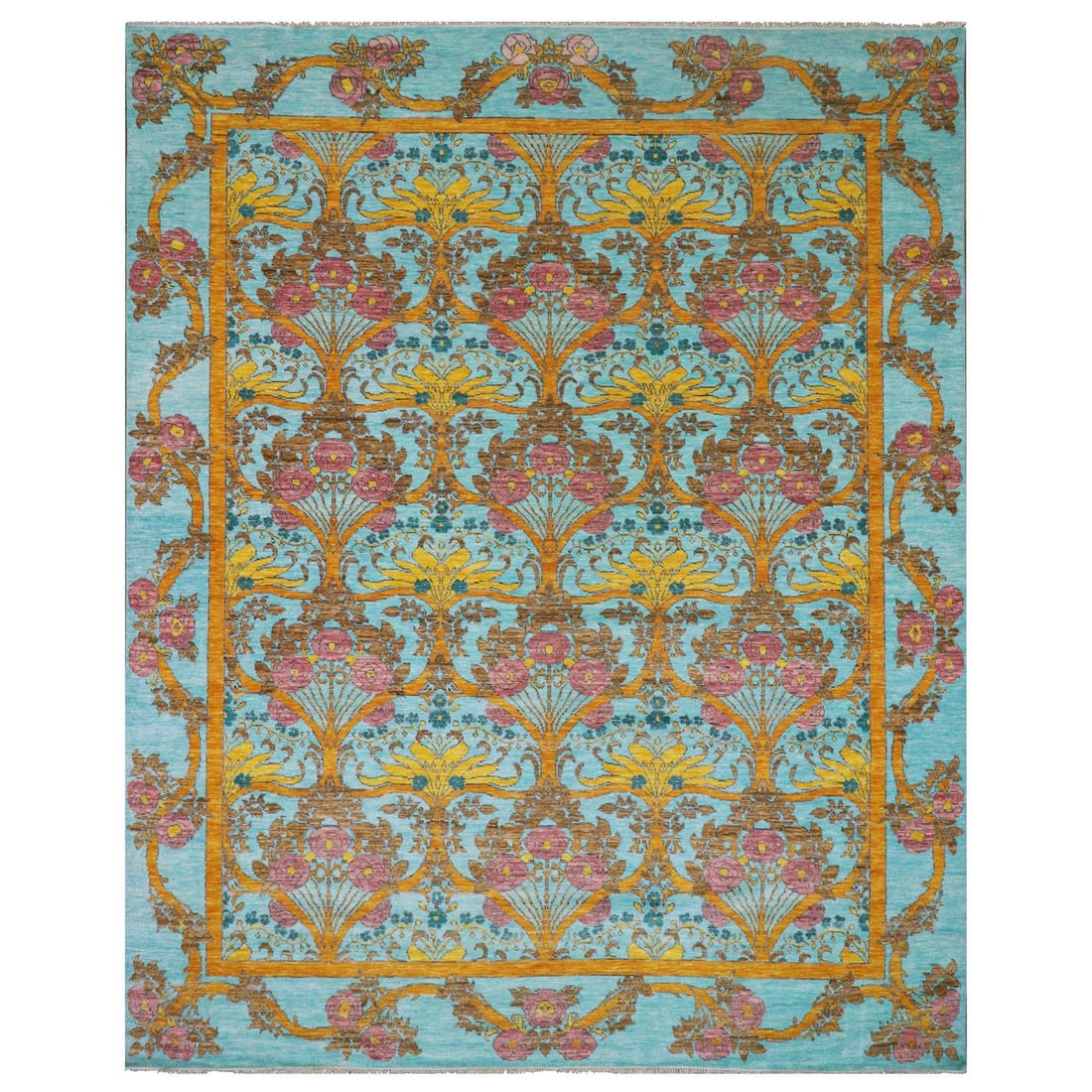 Blue Powder Craft and Arts Hand Oversized Knotted Wool Rug: Blue Powder Craft and Arts Hand Oversized Knotted Wool Rug Oversized blue wool rug with a unique hand-knotted design, measuring 12'2" x 14'9" and boasting a rich, vibrant blue field color with intrica