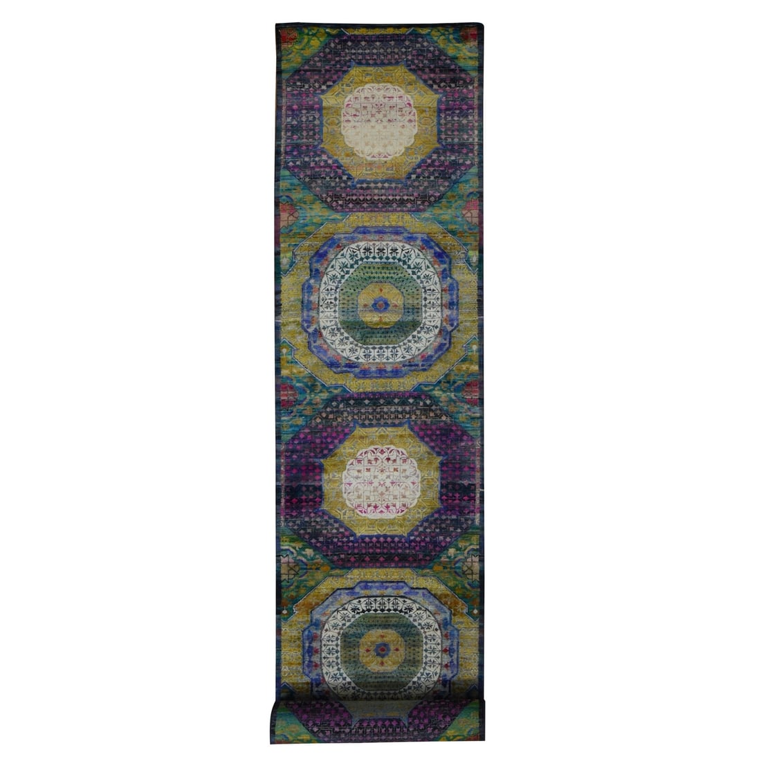 3'1"x19'3" Yellow Mamluk Design Silk with Wool Hand Knotted XL Runner Rug: 3'1"x19'3" Yellow Mamluk Design Silk with Wool Hand Knotted XL Runner Rug Yellow Mamluk Design Silk with Wool Hand Knotted XL Runner Rug boasts a vibrant yellow field with intricate hand-knotted wool 