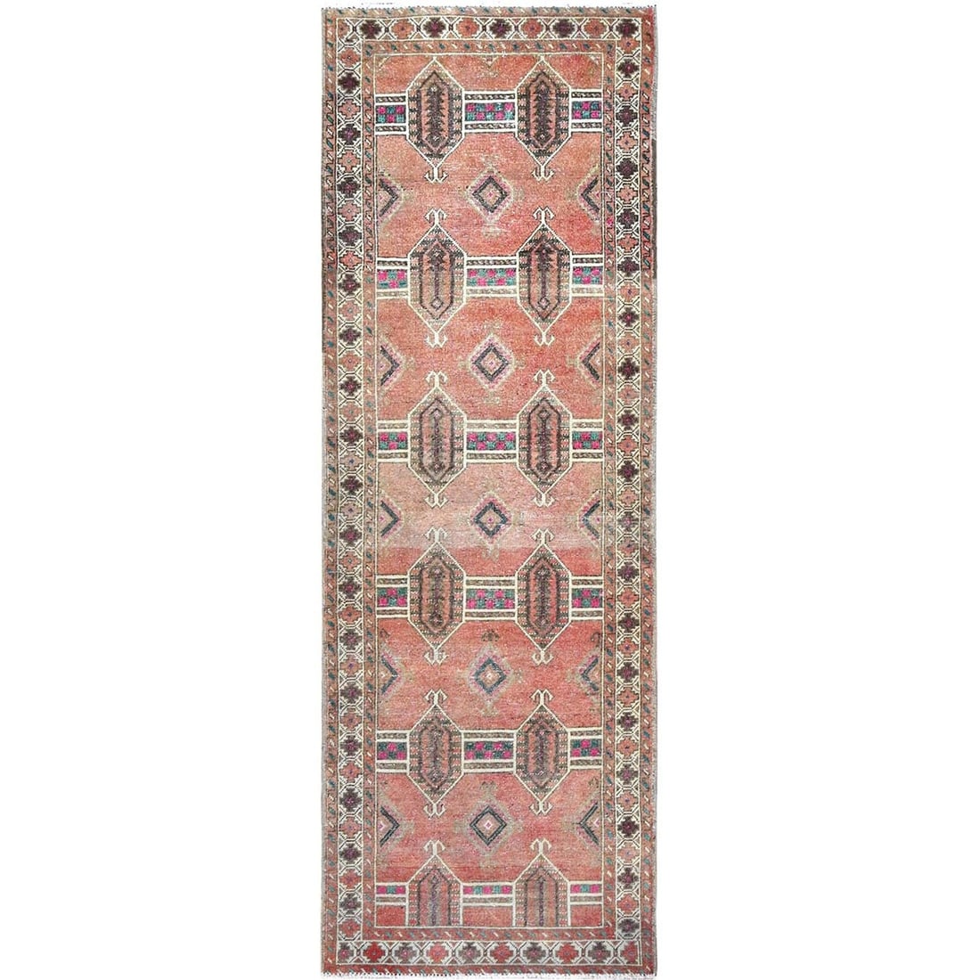 3'6"x10' Brown Old Geometric Hamadan Hand Knotted Cleaned Oriental Rug: 3'6"x10' Brown Old Geometric Hamadan Hand Knotted Cleaned Oriental Rug Brown Geometric Hamadan Hand Knotted Wool Runner Rug from Turkey, circa 1960, boasts a classic Zoroastrian design with intricate 