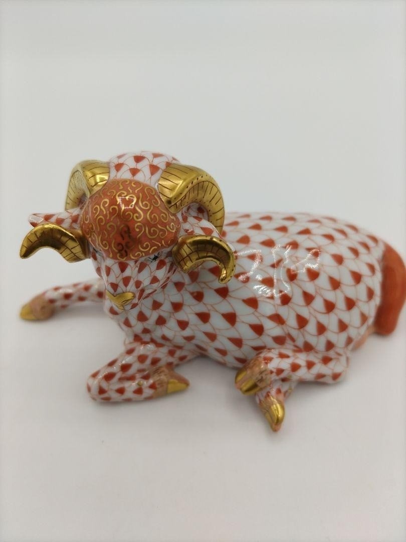 Herend Sheep Ram Curly Horn Figurine 24K Rust Orange Fishnet Design Collectible (1 of 8)