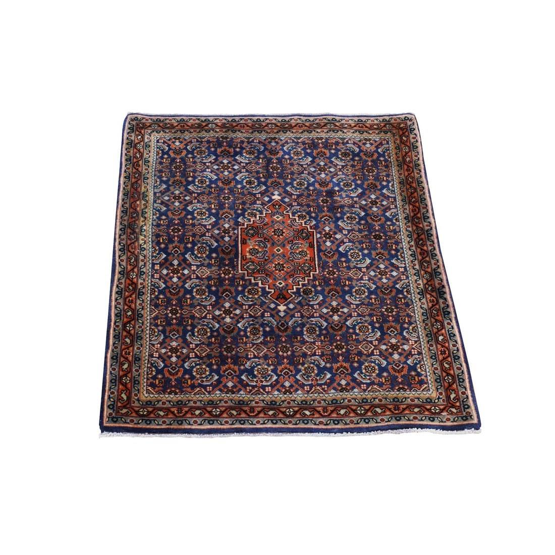 Blue Vintage 2'4" Hand Knotted Wool Zoroastrian Square Rug 300 KPSI: Blue Vintage 2'4" Hand Knotted Wool Zoroastrian Square Rug 300 KPSI This stunning 2'4" x 2'3" blue vintage hand-knotted wool Zoroastrian square rug boasts an intricate Oriental regional design, charac