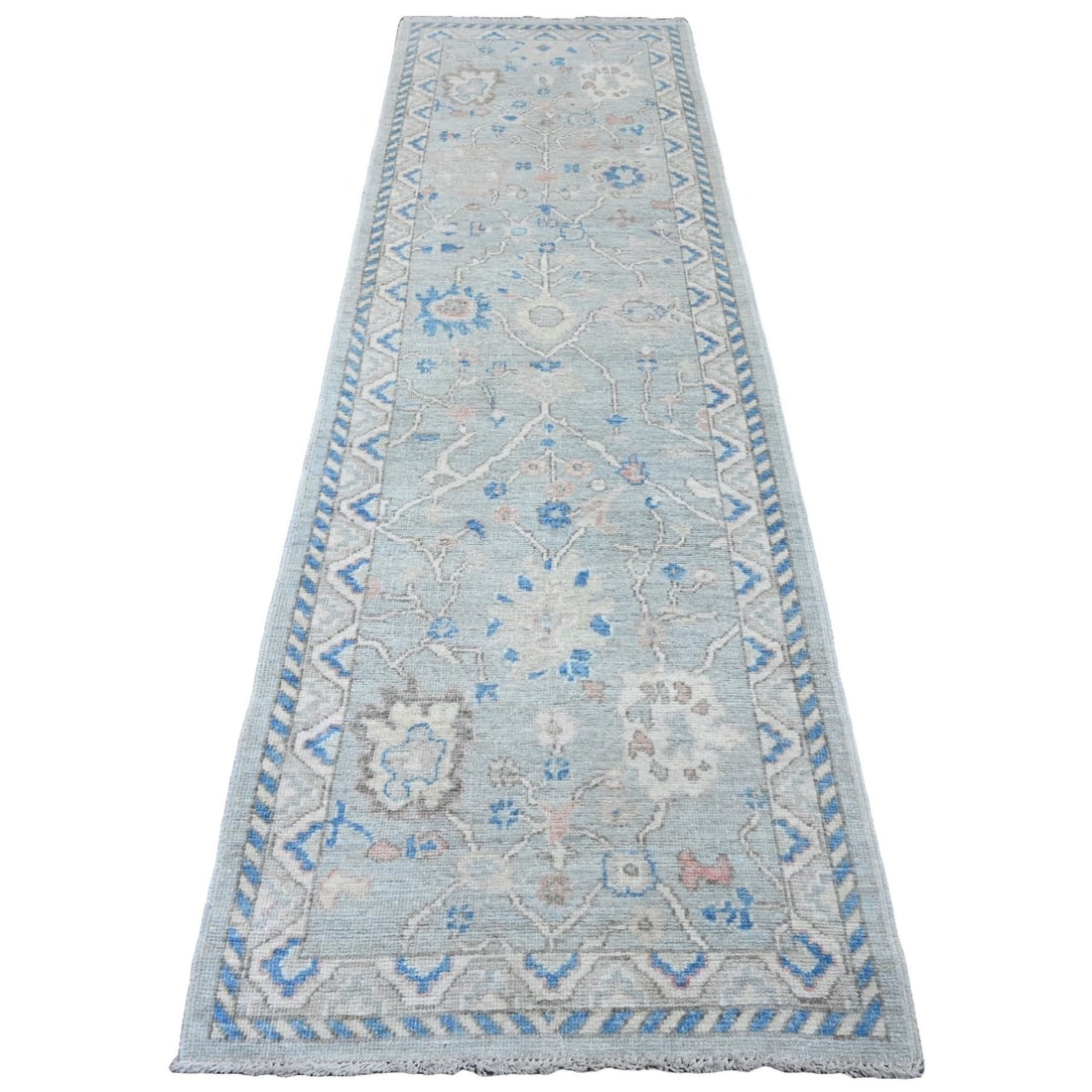 2'10"x9'7" Gray Angora Oushak Leaf Design Hand Knotted Wool Runner Rug: 2'10"x9'7" Gray Angora Oushak Leaf Design Hand Knotted Wool Runner Rug Hand-knotted in wool, this 2'10"x9'7" Gray Angora Oushak Leaf Design rug boasts a stunning field of grey with intricate leaf patt