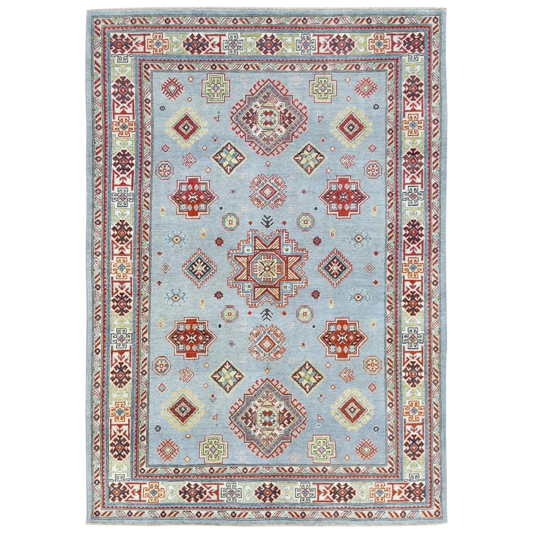 6'1"x8'9" Blue Special Kazak with Geometric Design Wool Hand Knotted Rug: 6'1"x8'9" Blue Special Kazak with Geometric Design Wool Hand Knotted Rug Blue Special Kazak with Geometric Design Wool Hand Knotted Rug features a stunning rectangular field with a vibrant blue color 