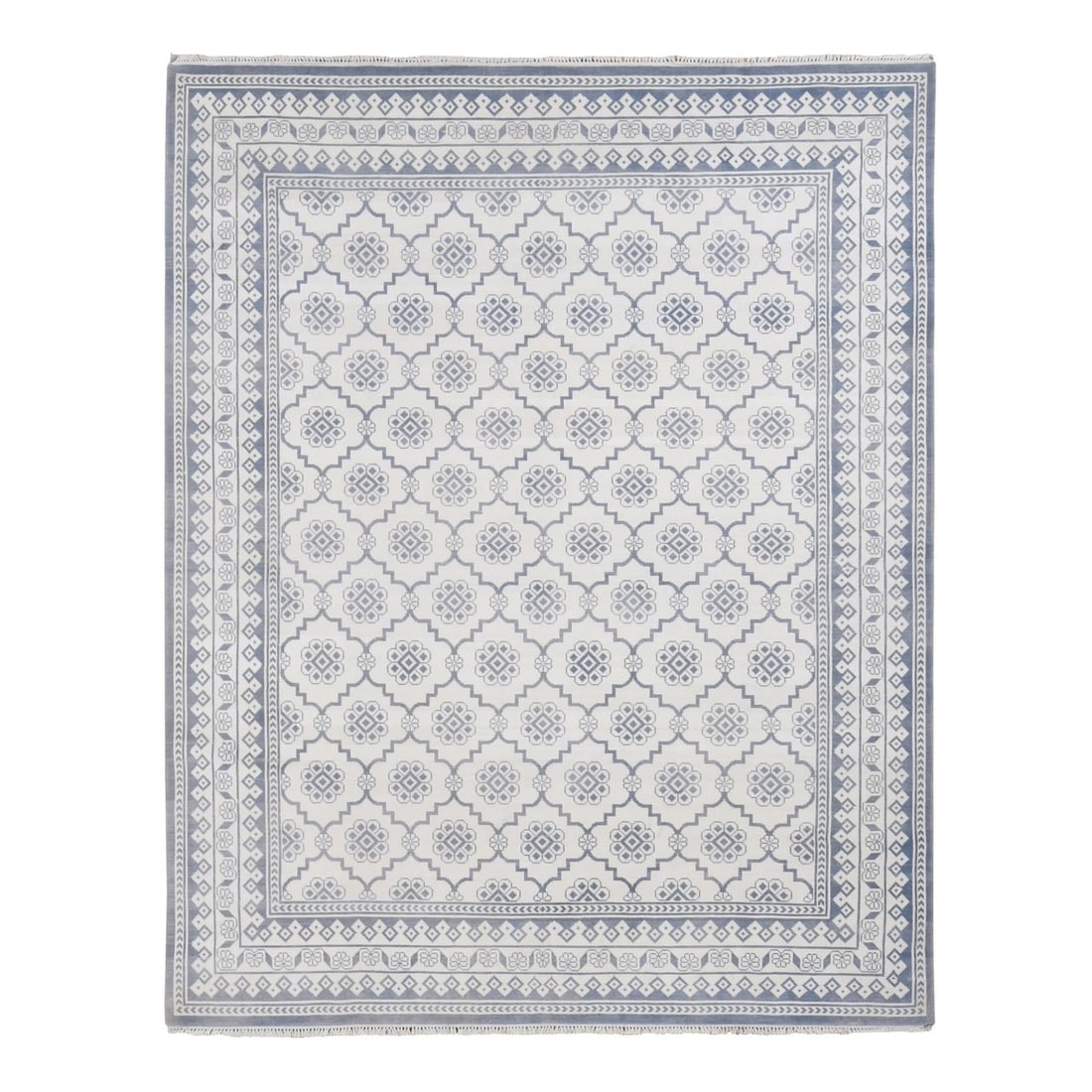 8'1"x10'2" Ivory Agra Mughal Dynasty Design Cotton Hand Knotted Rug: 8'1"x10'2" Ivory Agra Mughal Dynasty Design Cotton Hand Knotted Rug The Ivory Agra Mughal Dynasty Design Cotton Hand Knotted Rug is a stunning piece of craftsmanship, boasting a classic rectangular