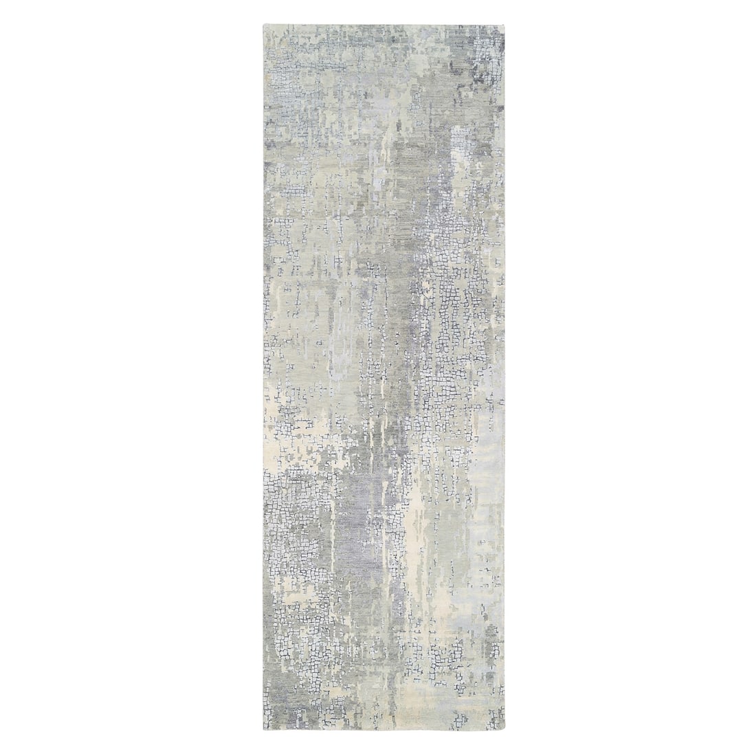 Hand Knotted Mosaic Design Gray Wool Silk Runner Rug: Hand Knotted Mosaic Design Gray Wool Silk Runner Rug Hand-knotted with wool and silk, this 4'0" x 12'0" gray wool silk runner rug boasts an abstract mosaic design in a soothing field of gray, accented