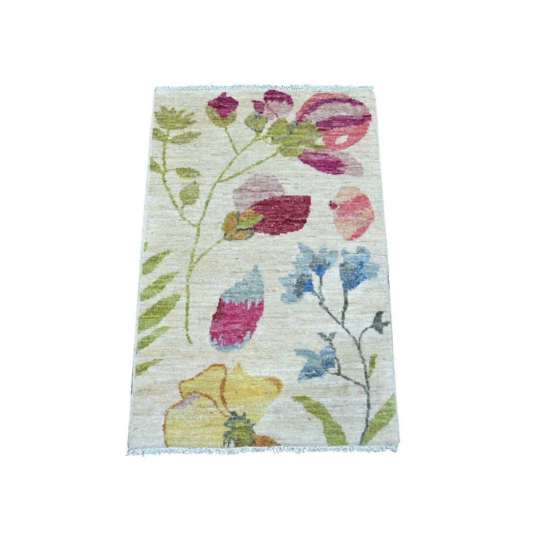 2'x3'2" Ivory Hand Knotted Peshawar Botanical Garden Design Wool Mat Rug: 2'x3'2" Ivory Hand Knotted Peshawar Botanical Garden Design Wool Mat Rug This stunning 2'x3'2" Ivory Botanical Garden Design Wool Mat Rug is a true masterpiece of traditional Peshawar craftsmanship,