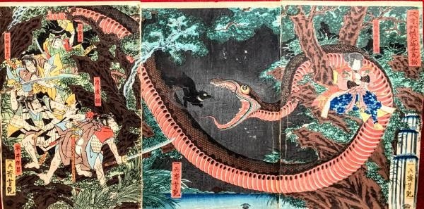 Utagawa Yoshitsuya 1858 Magic Raiko vs Hakamadare Woodblock Print Triptych: Utagawa Yoshitsuya 1858 Magic Raiko vs Hakamadare Woodblock Print Triptych Item Specifics: Artist: Utagawa Yoshitsuya Subject: Minamoto no Yorimitsu and Hakamadare Magic Duel Material: Japanese Washi 
