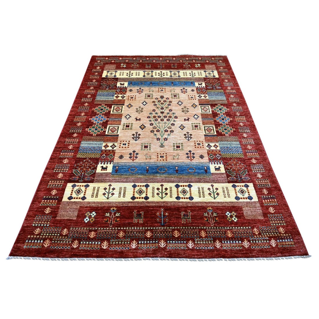 5'8"x8' Red Kashkuli Animal Figurines Hand Knotted Mat Wool Rug: 5'8"x8' Red Kashkuli Animal Figurines Hand Knotted Mat Wool Rug Hand-knotted in traditional Afghan wool, this vibrant red Kashkuli animal figurine rug boasts a striking rectangular field with a unique