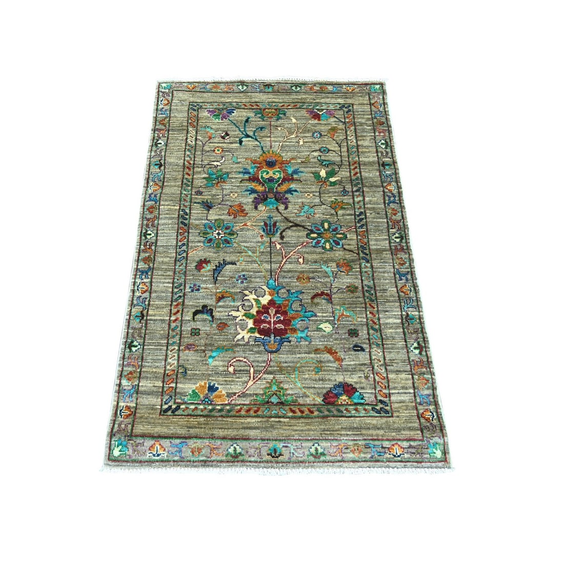 2'8"x4'4" Gray Hand Knotted Sultani Floral Pattern Wool Sample Mat Rug: 2'8"x4'4" Gray Hand Knotted Sultani Floral Pattern Wool Sample Mat Rug Hand-knotted in Afghanistan, this 2'8"x4'4" gray wool sample mat rug boasts a stunning all-over sultani floral pattern. Made from