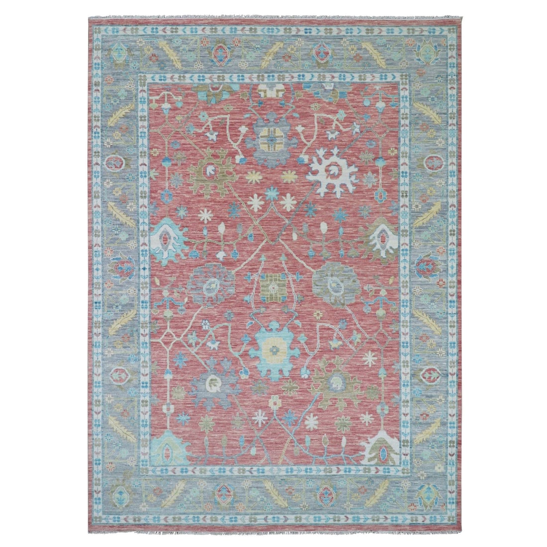 10'1"x14' Coral Pink Hand Knotted Oushak Weave and Design Pure Wool Rug: 10'1"x14' Coral Pink Hand Knotted Oushak Weave and Design Pure Wool Rug This stunning 10'1"x14' Coral Pink Hand Knotted Oushak Weave and Design Pure Wool Rug boasts a vibrant coral pink color and intr