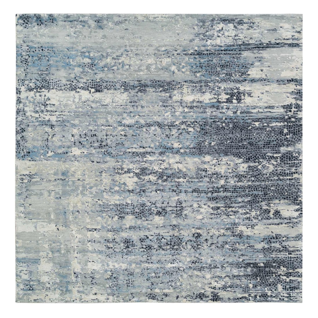 10'1"x10'1" Blue Hand Knotted Abstract Design Wool Square Oriental Rug: 10'1"x10'1" Blue Hand Knotted Abstract Design Wool Square Oriental Rug The 10'1"x10'1" Blue Hand Knotted Abstract Design Wool Square Oriental Rug boasts a stunning blue hue and intricate hand-knotted 