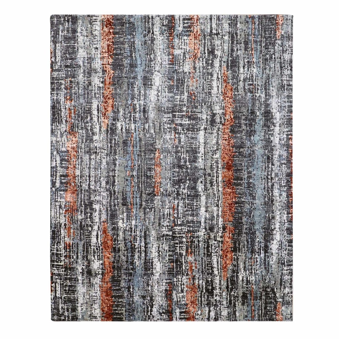 Natural Wool Hand Knotted Abstract Design Rug 8'x10'1" Gray: Natural Wool Hand Knotted Abstract Design Rug 8'x10'1" Gray Hand-knotted with natural wool, this 8'x10'1" abstract design rug boasts a striking grey field and subtle pops of black, red, orange, and iv