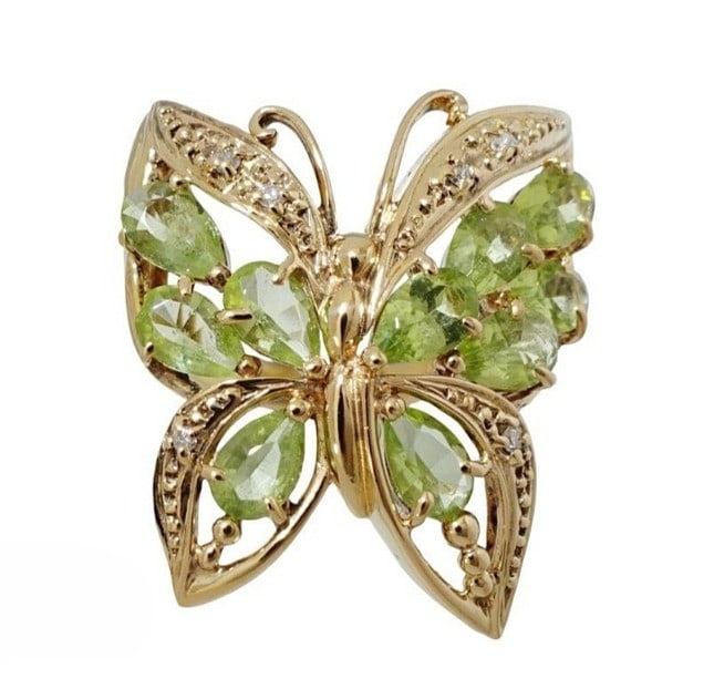 Yellow Gold Peridot Diamond Butterfly Asymmetric Cocktail US 7 EU 54: Yellow Gold Peridot Diamond Butterfly Asymmetric Cocktail US 7 EU 54 Item Specifics: Shape: Butterfly Occasion: Anniversary Birthday Christening Christmas Engagement Graduation Mother's Day Valentine'