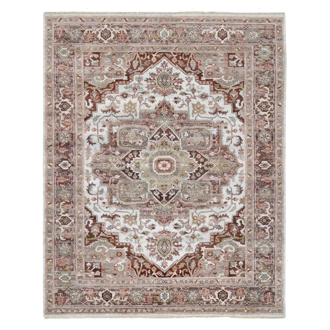 8'x10' Mixed Burgundy Heris Heritage Design Hand Knotted Pure Wool Rug: 8'x10' Mixed Burgundy Heris Heritage Design Hand Knotted Pure Wool Rug 8'x10' Mixed Burgundy Heris Heritage Design Hand Knotted Pure Wool Rug - A stunning, hand-knotted rug with a rich burgundy color 