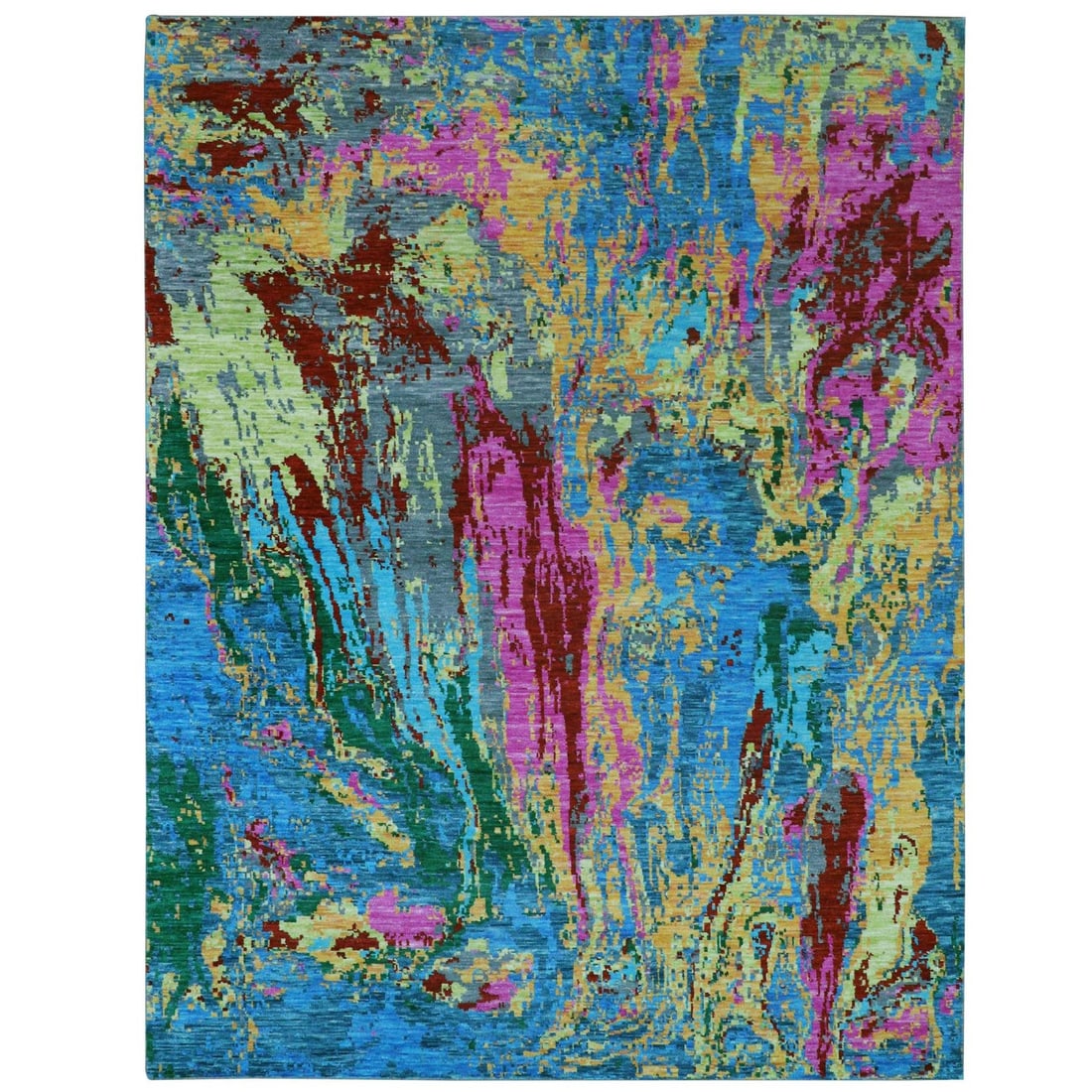 Hot Pink Blue Modern Design Hand Knotted Pure Wool Oriental Rug: Hot Pink Blue Modern Design Hand Knotted Pure Wool Oriental Rug Hand-knotted in pure wool, this modern design features a striking blue field with subtle accents of yellow, orange, and green. The recta