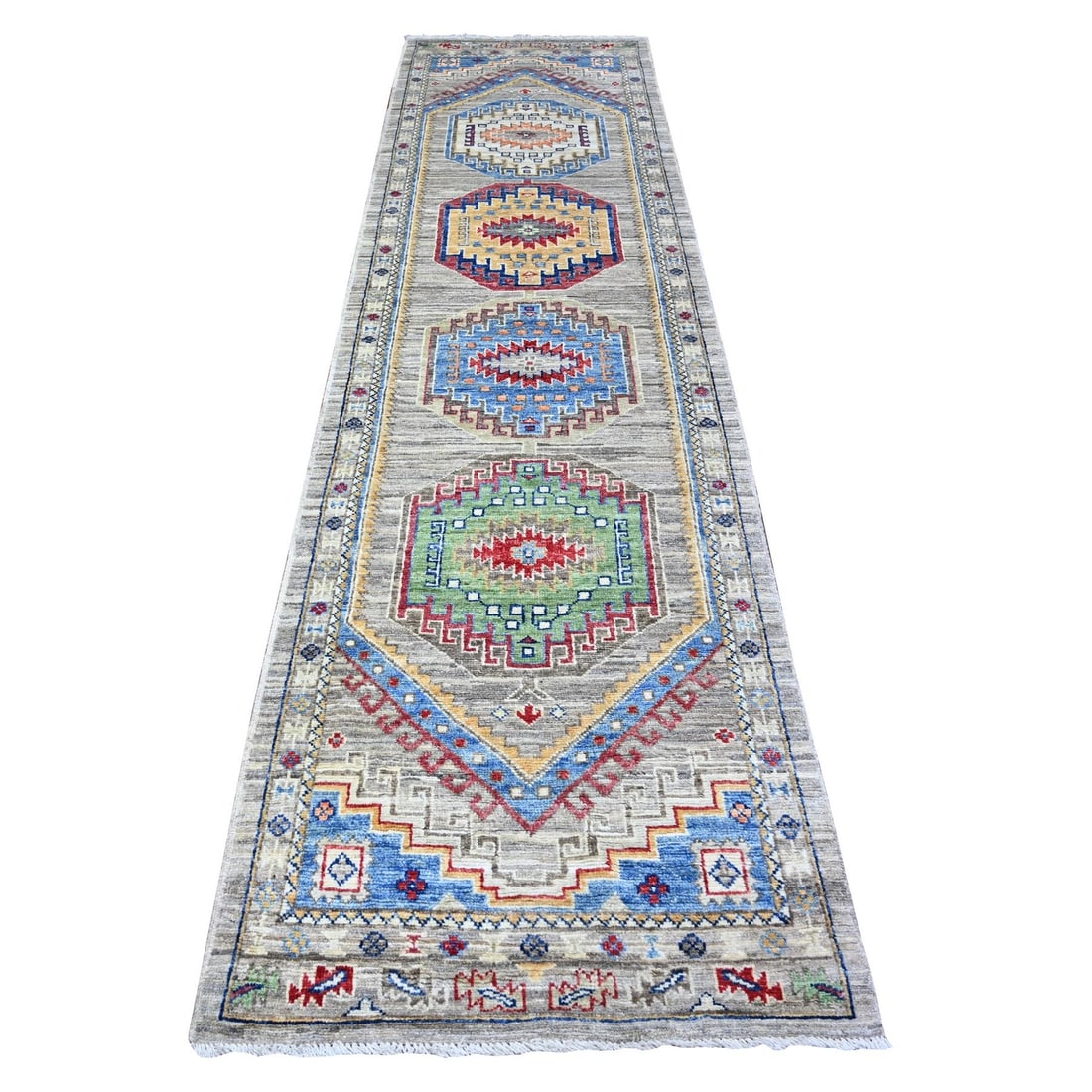 3'x11'8" Koala Gray Angora Oushak Vibrant Wool Hand Knotted Runner Rug: 3'x11'8" Koala Gray Angora Oushak Vibrant Wool Hand Knotted Runner Rug The Koala Gray Angora Oushak rug boasts a stunning flatweave design in a vibrant grey and red color palette, with intricate patte