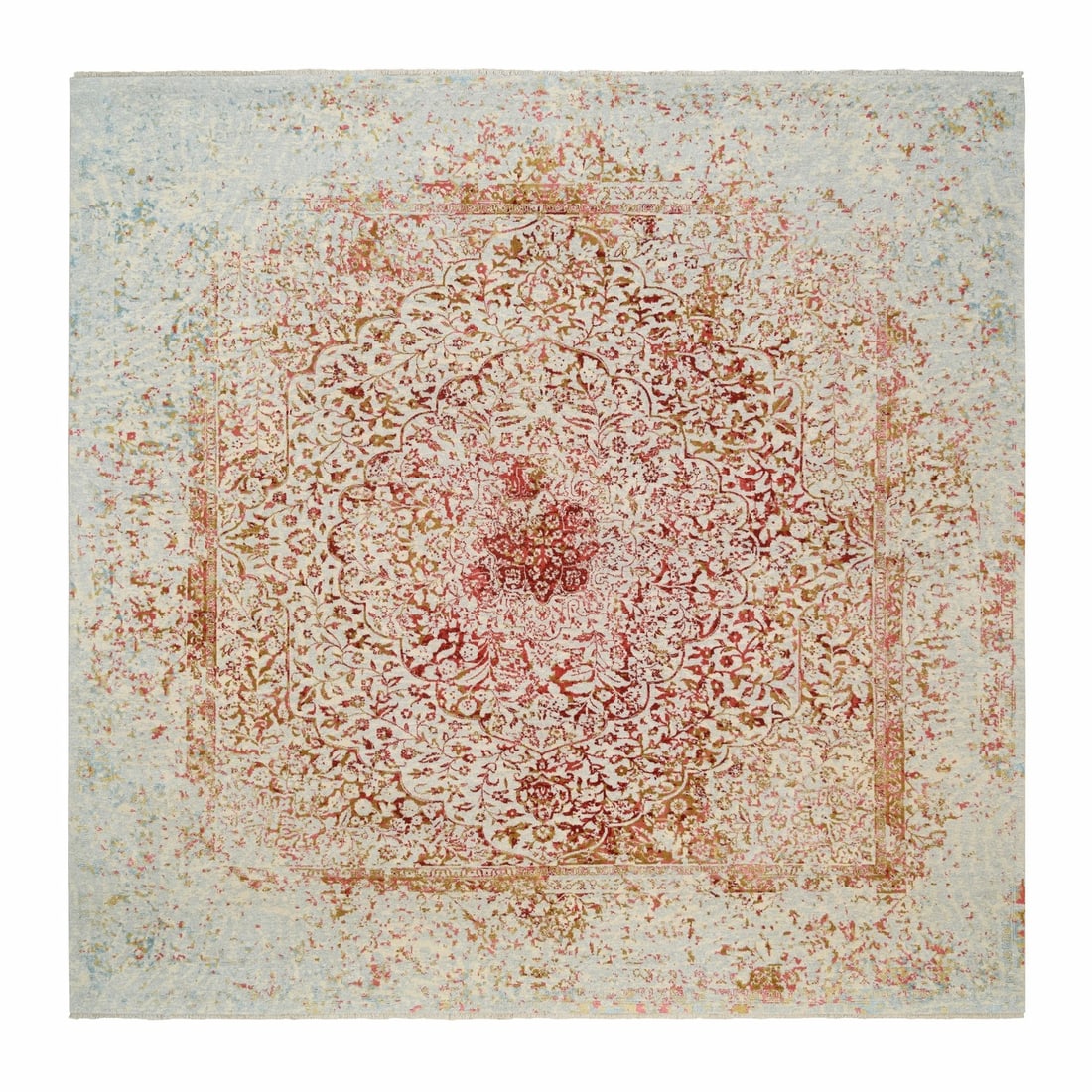 10'1"x10'1" Wool and Silk Hand Knotted Ivory Farsian Design Square Rug (1 of 11)