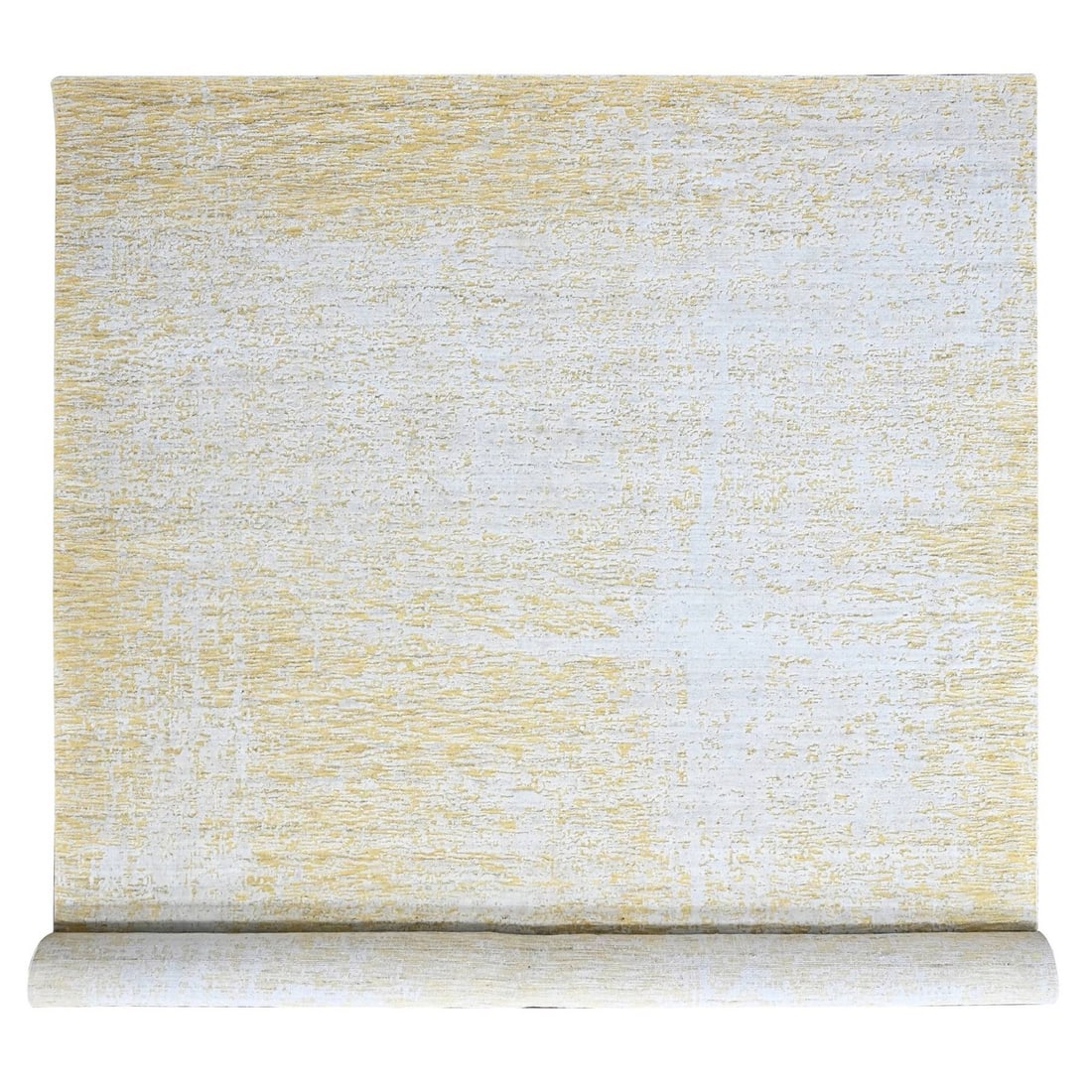 12'x15' Yellow Hand Loomed Wool and Silk Modern Design XL Oriental Rug: 12'x15' Yellow Hand Loomed Wool and Silk Modern Design XL Oriental Rug Yellow Hand Loomed Wool and Silk Modern Design XL Oriental Rug, measuring 12'0" x 15'0" with a vibrant yellow field, bears a sign