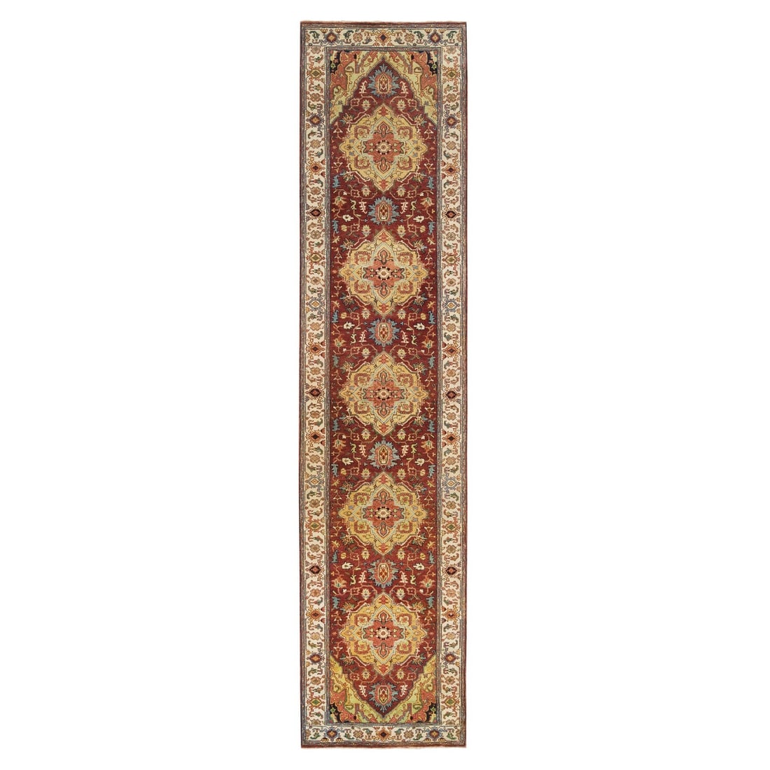 2'7"x12' Red Fine Heris Re-Creation Wool Hand Knotted Runner Rug: 2'7"x12' Red Fine Heris Re-Creation Wool Hand Knotted Runner Rug Hand-knotted in wool, this vibrant red Heris-style runner rug boasts a stunning 12' length and 2'7" width, making it a striking additio