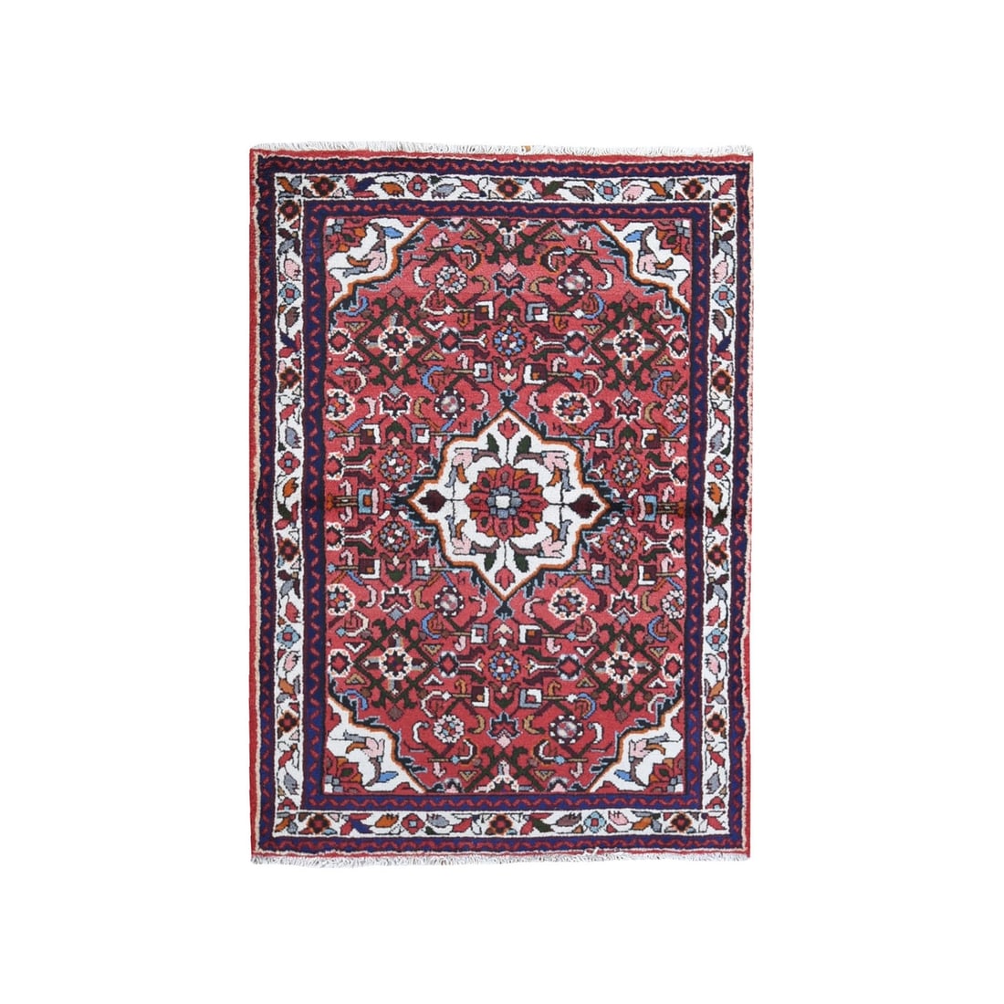 Small Farsian Amadan Flower Medallion New 3'6"x5' Wool Rug Hand Knotted: Small Farsian Amadan Flower Medallion New 3'6"x5' Wool Rug Hand Knotted Hand-knotted in wool, this vibrant 3'6"x5' rectangular rug boasts a stunning red field with intricate regional design, character