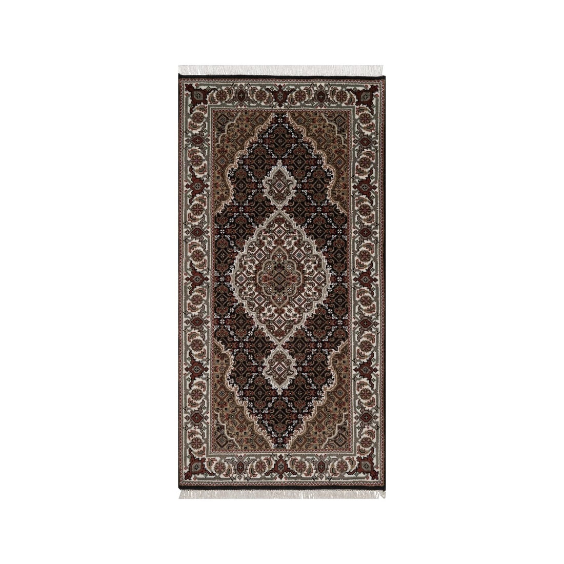 Black 2'5" 5' Hand Knotted Wool Tebraz Mahi 175 KPSI Medallion Design: Black 2'5" 5' Hand Knotted Wool Tebraz Mahi 175 KPSI Medallion Design Black 2'5" 5' Hand Knotted Wool Tebraz Mahi 175 KPSI Medallion Design rug boasts a striking medallion pattern in rich black and su
