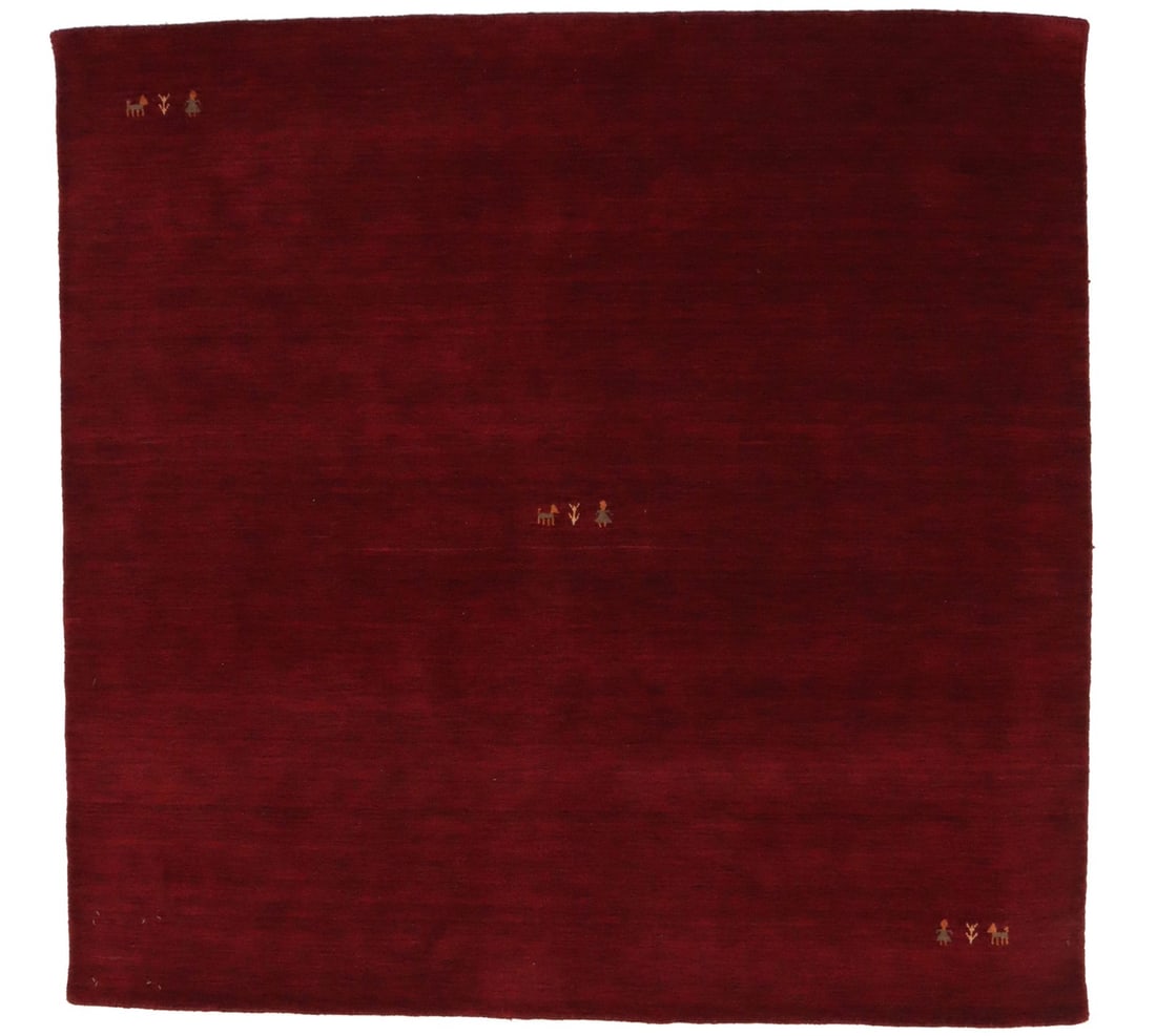 Pictorial Tribal Gabbeh Modern Square Rug Office & Studio Decor Carpet 6X6 Ft Hand-Knotted: Pictorial Tribal Gabbeh Modern Square Rug Office & Studio Decor Carpet 6X6 Ft Hand-Knotted Hand-Knotted Maroon Red Gabbeh Modern Square Rug. This 6x6 foot, hand-loomed wool rug boasts a thick, high pi
