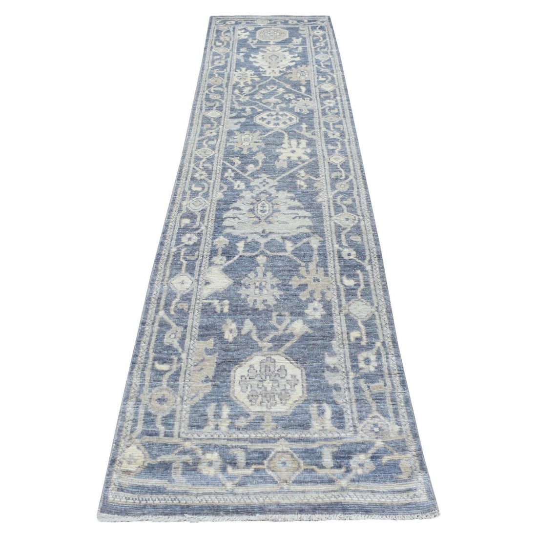 2'7"x11'5" Charcoal Gray Afghan Angora Ushak Hand Knotted Wool Runner Rug: 2'7"x11'5" Charcoal Gray Afghan Angora Ushak Hand Knotted Wool Runner Rug Charcoal Gray Afghan Angora Ushak Hand Knotted Wool Runner Rug boasts a striking 2'7" x 11'5" size, making it a unique additio