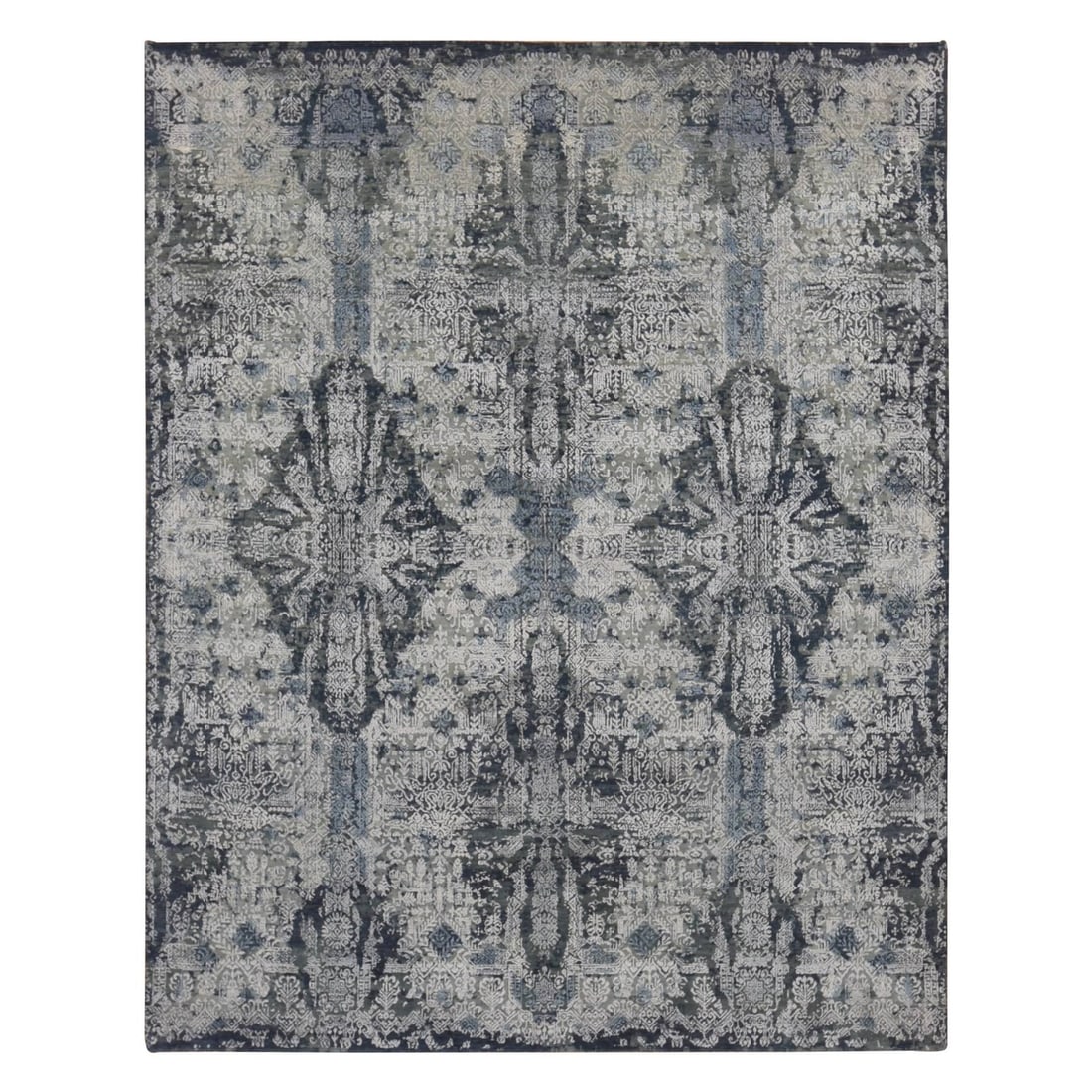 7'10"x10' Ash Gray Jewellery Design Wool and Silk Hand Knotted Rug: 7'10"x10' Ash Gray Jewellery Design Wool and Silk Hand Knotted Rug The 7'10"x10' Ash Gray Jewellery Design Wool and Silk Hand Knotted Rug is a stunning piece of craftsmanship, boasting a unique jewell