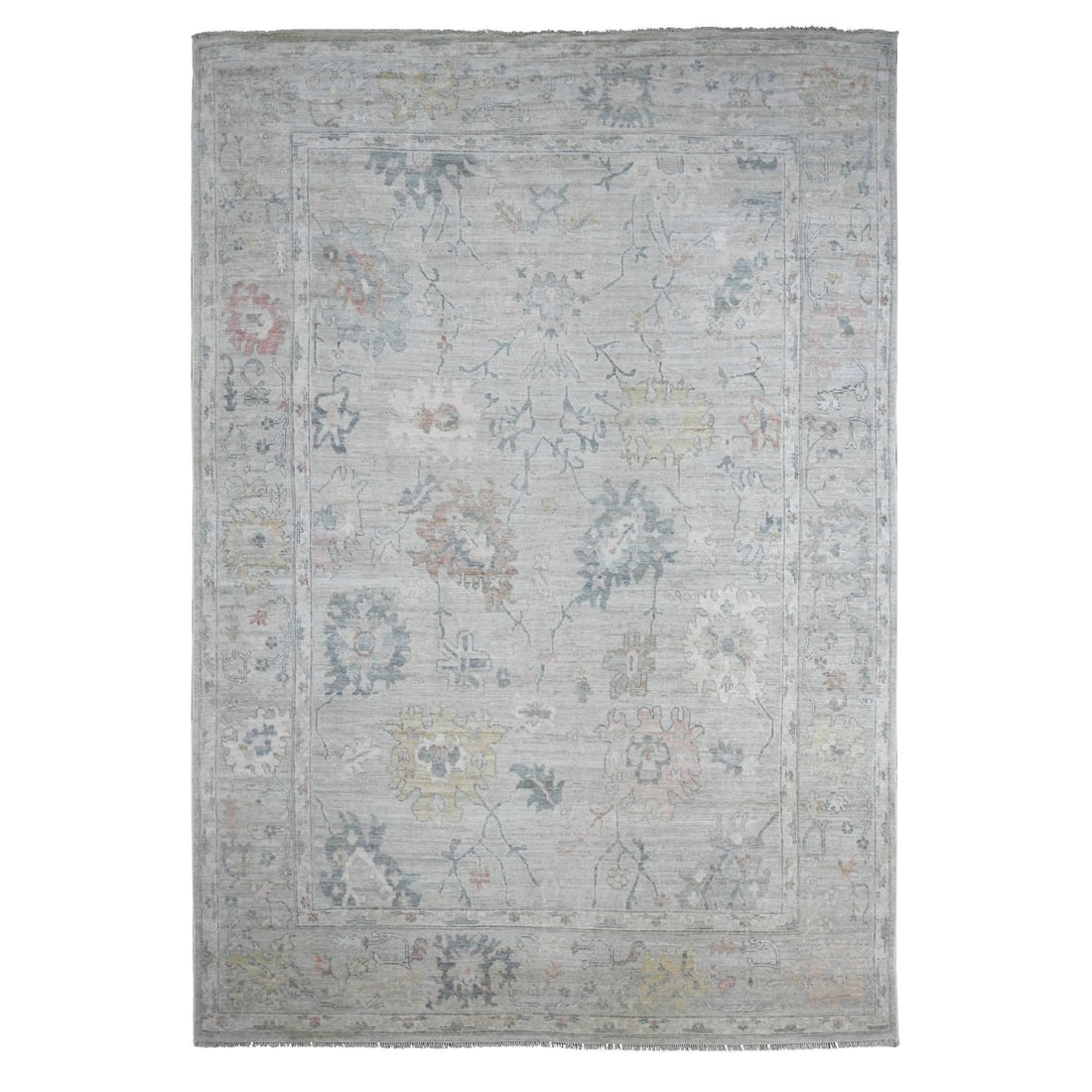9'5"x13'7" Gray Afghan Angora Oushak Leaf Design Wool Hand Knotted Rug (1 of 11)