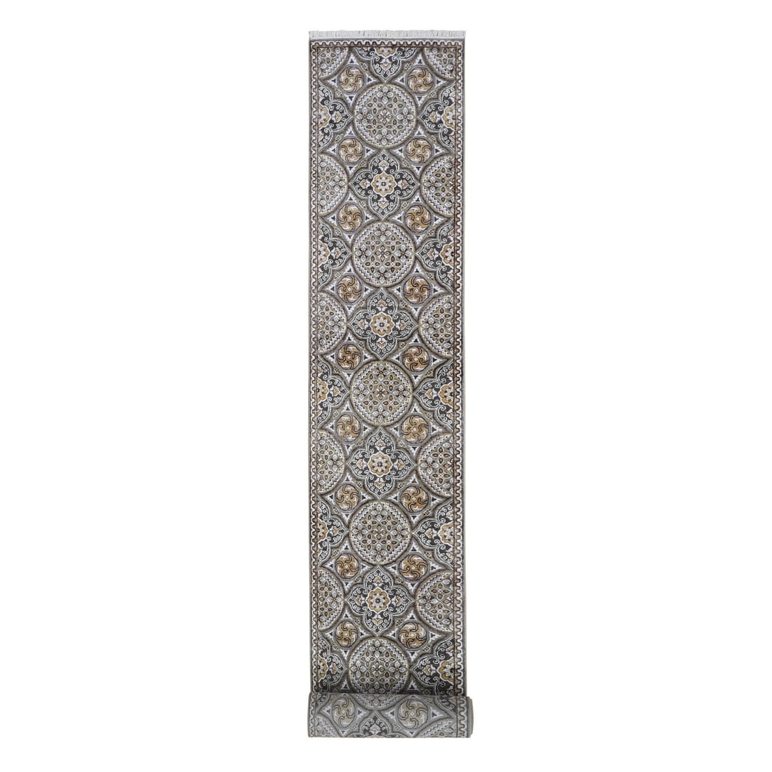 2'6"x24'1" Wool and Silk Mughal Inspired Medallions Design XL Runner Rug: 2'6"x24'1" Wool and Silk Mughal Inspired Medallions Design XL Runner Rug Wool and silk blend in a Mughal-inspired medallions design creates a rich, intricate pattern on this 2'6"x24'1" XL runner rug. 