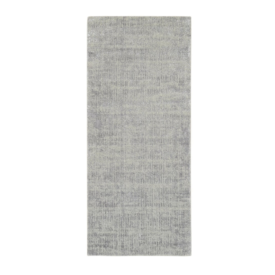 2'6"x6' Hand-Loomed Gray Fine Jacquard Modern Wool and Silk Runner Rug: 2'6"x6' Hand-Loomed Gray Fine Jacquard Modern Wool and Silk Runner Rug Hand-loomed with precision, this 2'6"x6' gray fine Jacquard modern wool and silk runner rug boasts a subtle, elegant design. Made