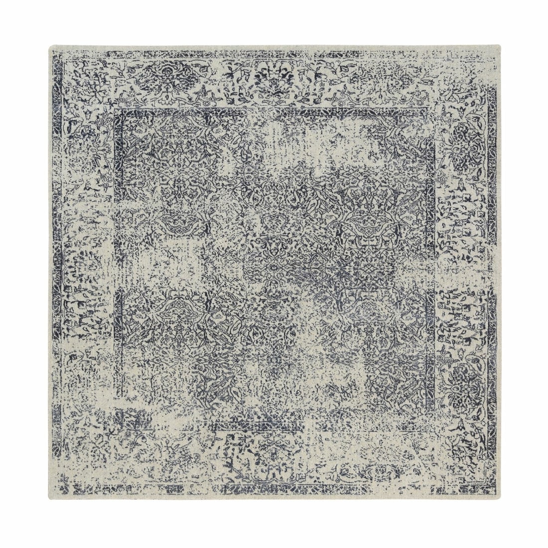 8'x8' Fine Jacquard Wool and Silk Hand Loomed Light Gray Square Rug: 8'x8' Fine Jacquard Wool and Silk Hand Loomed Light Gray Square Rug Wool and silk hand loomed in a light gray square shape, this 8'x8' Oriental rug boasts a subtle, elegant design. Made from a combina
