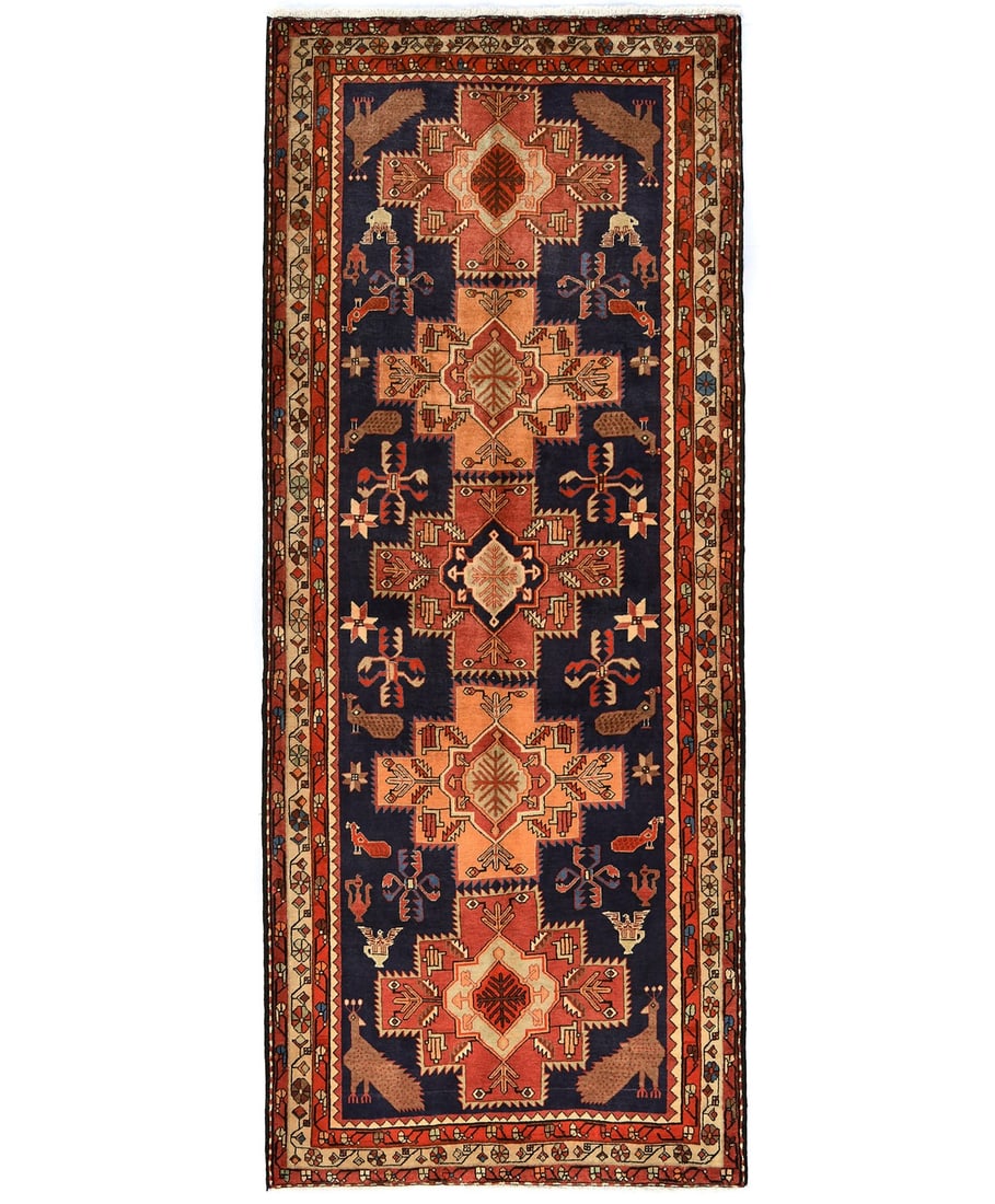 4'6X11 Handmade Boho Oriental Runner Rug Peacock Design Tribal Hallway Carpet Hand-Knotted: 4'6X11 Handmade Boho Oriental Runner Rug Peacock Design Tribal Hallway Carpet Hand-Knotted Hand-knotted in wool, this 4'6 x 11'0 Oriental runner rug boasts a vibrant peacock design in a rich plum oran