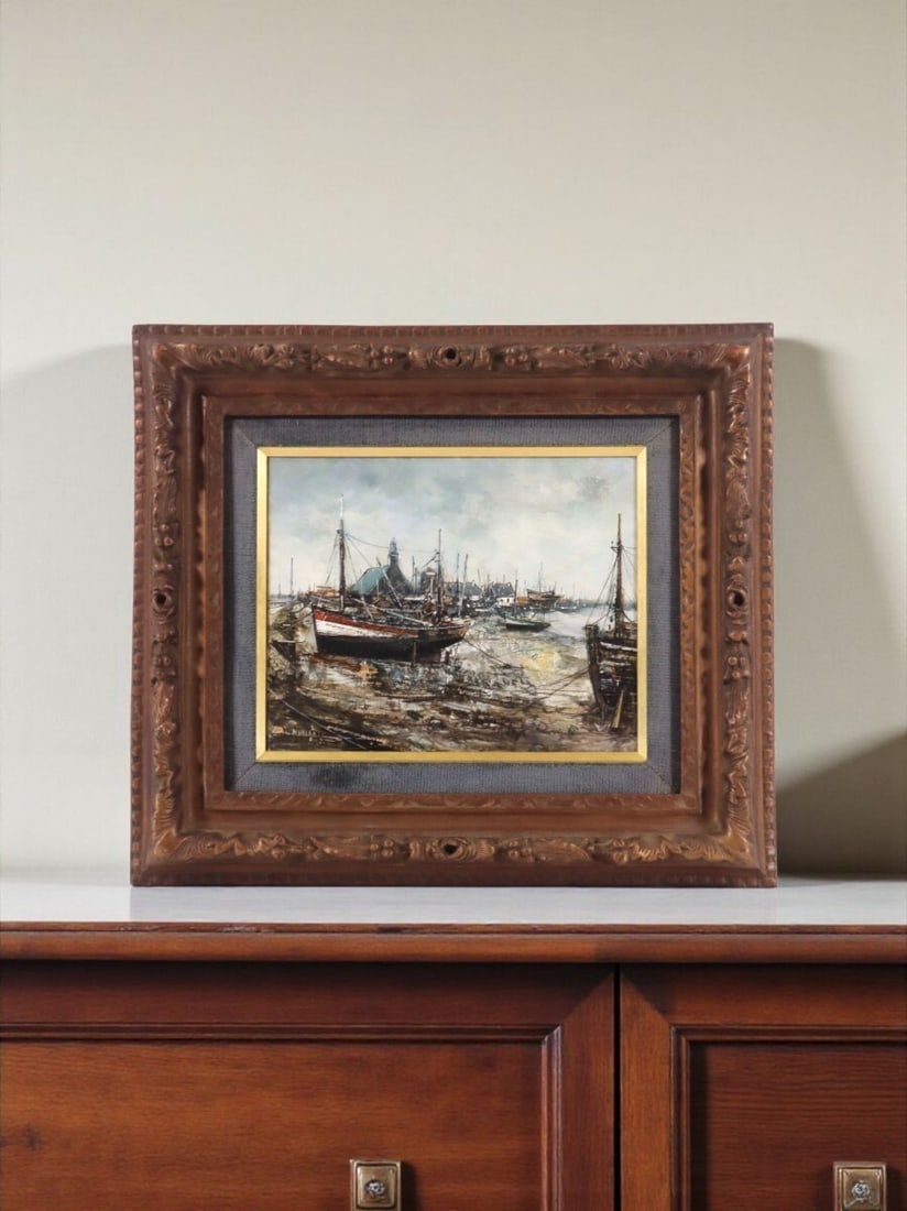 Michel Girard Fishing Port Oil Painting Signed framed With Original box (1 of 10)