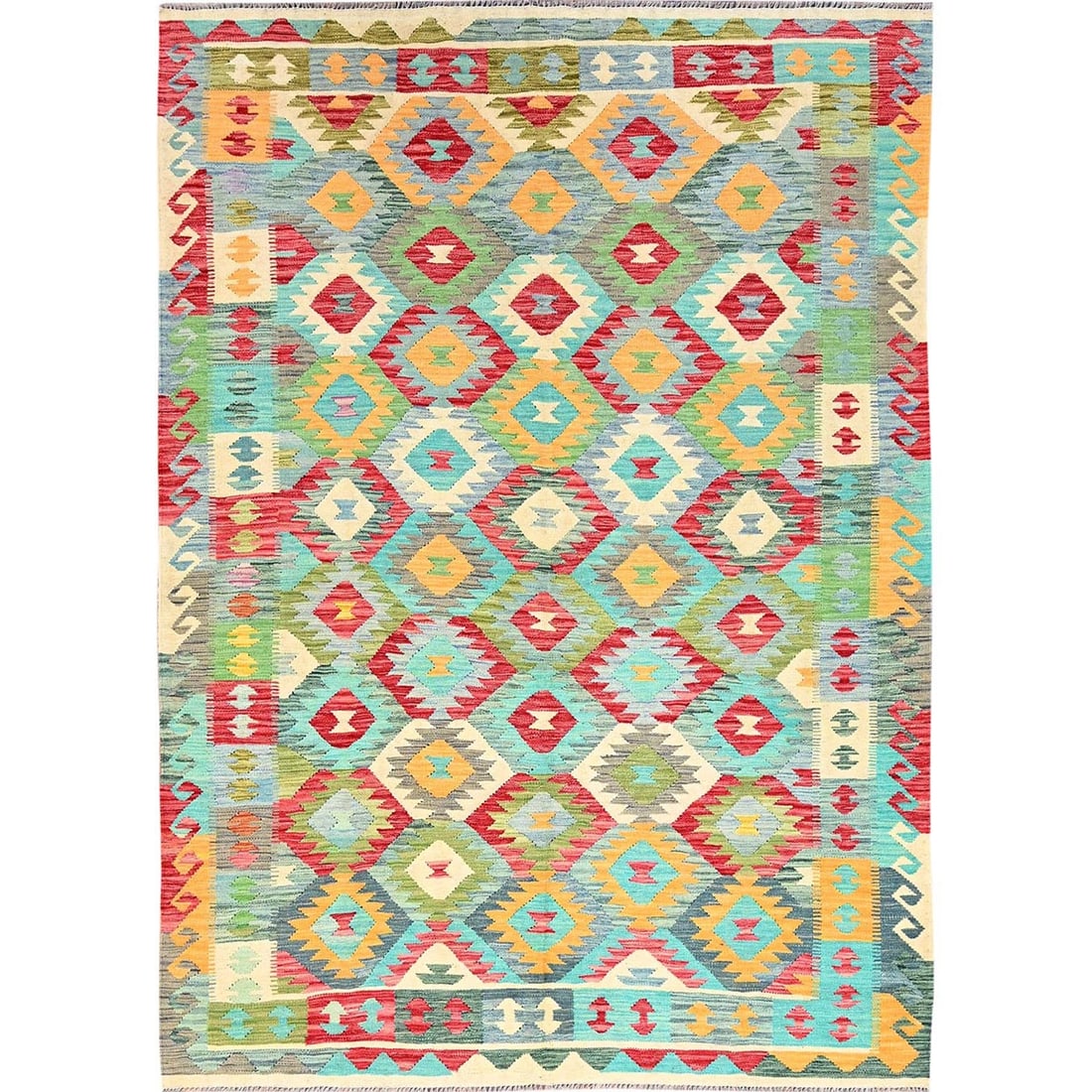Colorful Soft Wool Hand Woven 6'7" Reversible Afghan Kilim Rug: Colorful Soft Wool Hand Woven 6'7" Reversible Afghan Kilim Rug Soft and vibrant, this 6'7" x 9'9" hand-woven wool kilim rug boasts a stunning blue field with intricate regional design, showcasing the 
