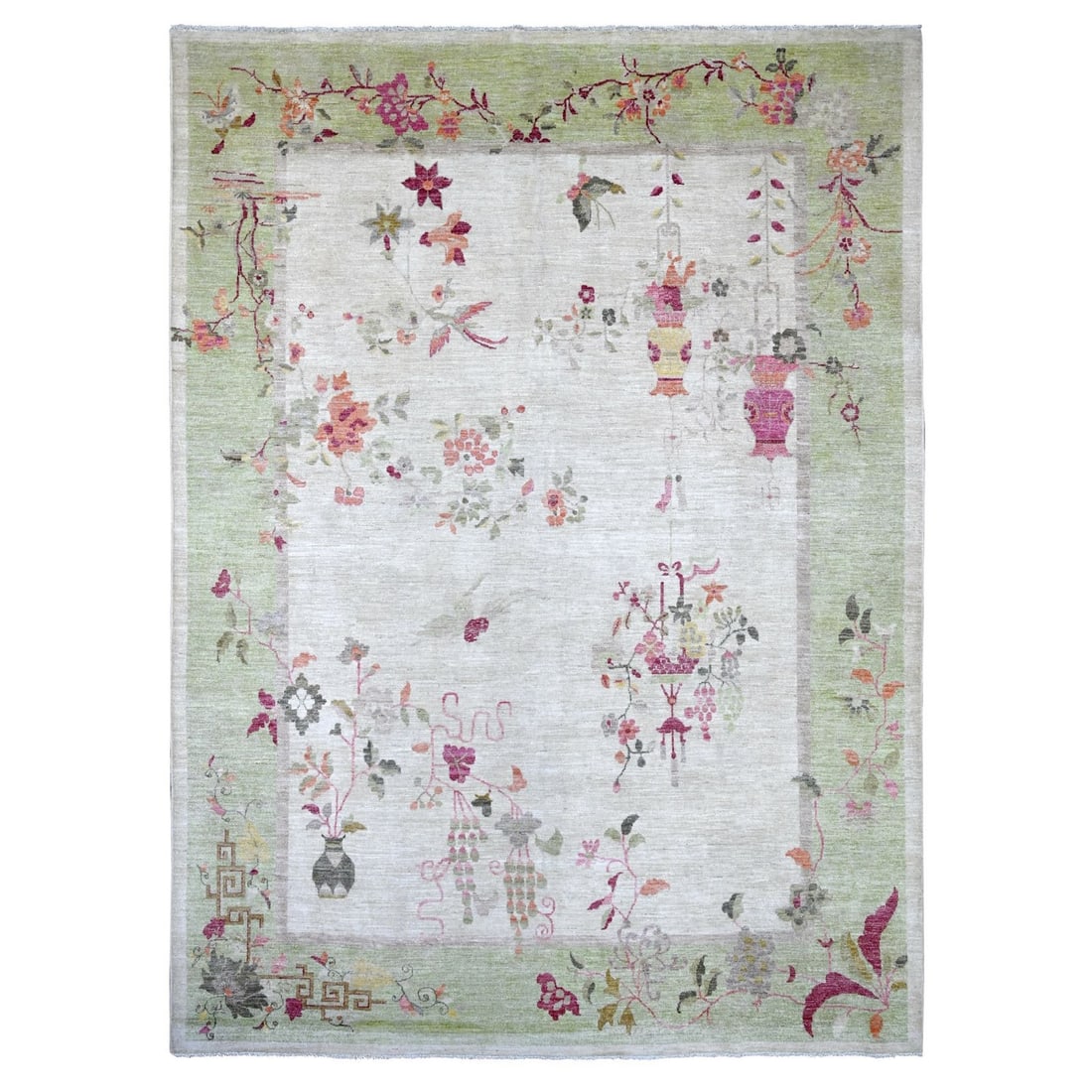 8'10"x12' Gray Hand Knotted Chinese Art Deco Inspired Peshawar Wool Rug: 8'10"x12' Gray Hand Knotted Chinese Art Deco Inspired Peshawar Wool Rug 8'10"x12' Gray Hand Knotted Chinese Art Deco Inspired Peshawar Wool Rug features a rectangular field with a floral pattern, char