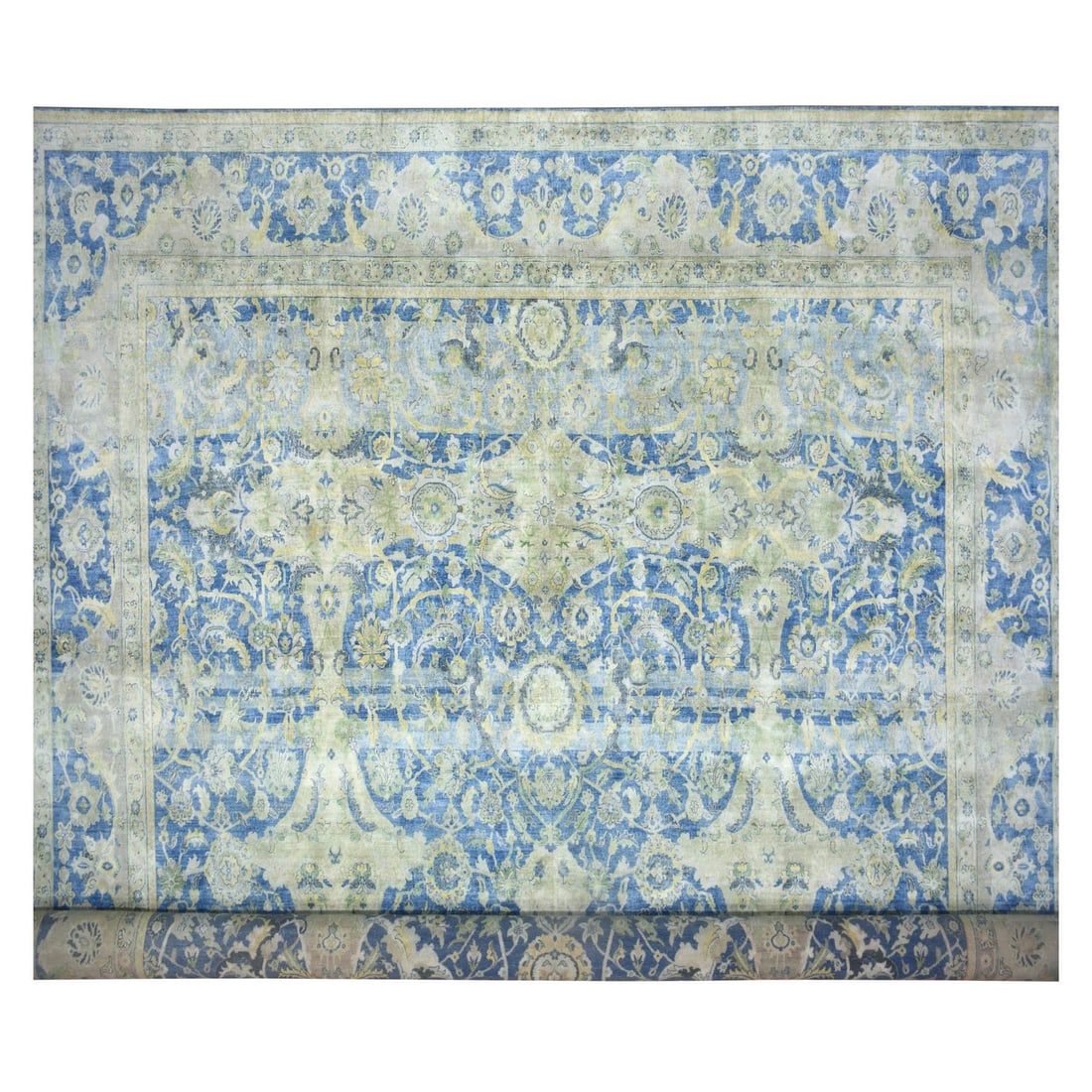 17'7"x26'4" Blue Wool and Silk Repetitive Design Hand Knotted XL Rug: 17'7"x26'4" Blue Wool and Silk Repetitive Design Hand Knotted XL Rug This stunning 17'7"x26'4" hand-knotted rug boasts a vibrant blue repetitive design woven from wool and silk, creating a striking vi