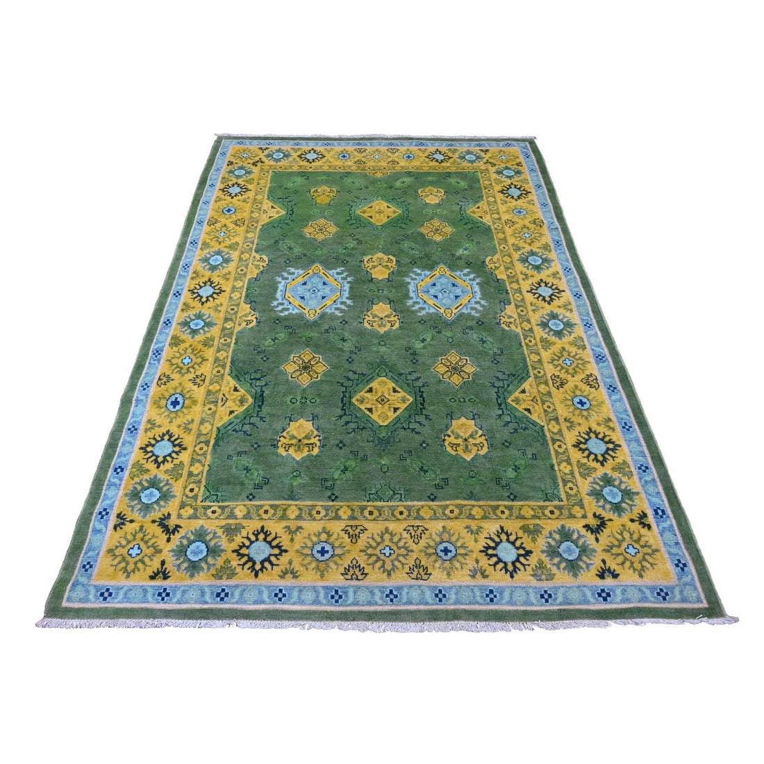 5'4"x7'6" Green Fusion Kazak Caucasian Design Pure Wool Hand Knotted Rug: 5'4"x7'6" Green Fusion Kazak Caucasian Design Pure Wool Hand Knotted Rug The 5'4"x7'6" Green Fusion Kazak Caucasian Design Pure Wool Hand Knotted Rug is a stunning example of traditional Kazak craftsm