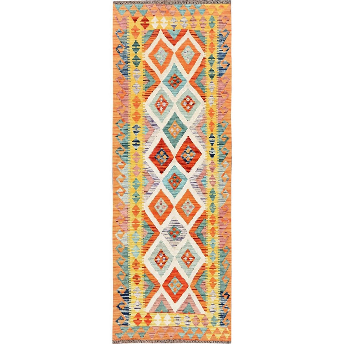 Afghan 100% Wool Colorful Flat Weave Hand Woven 2'8"x8' Rug Runner: Afghan 100% Wool Colorful Flat Weave Hand Woven 2'8"x8' Rug Runner Hand-woven in Afghanistan, this vibrant 2'8"x8' flat weave rug runner boasts a stunning multi-colored geometric design, expertly wove