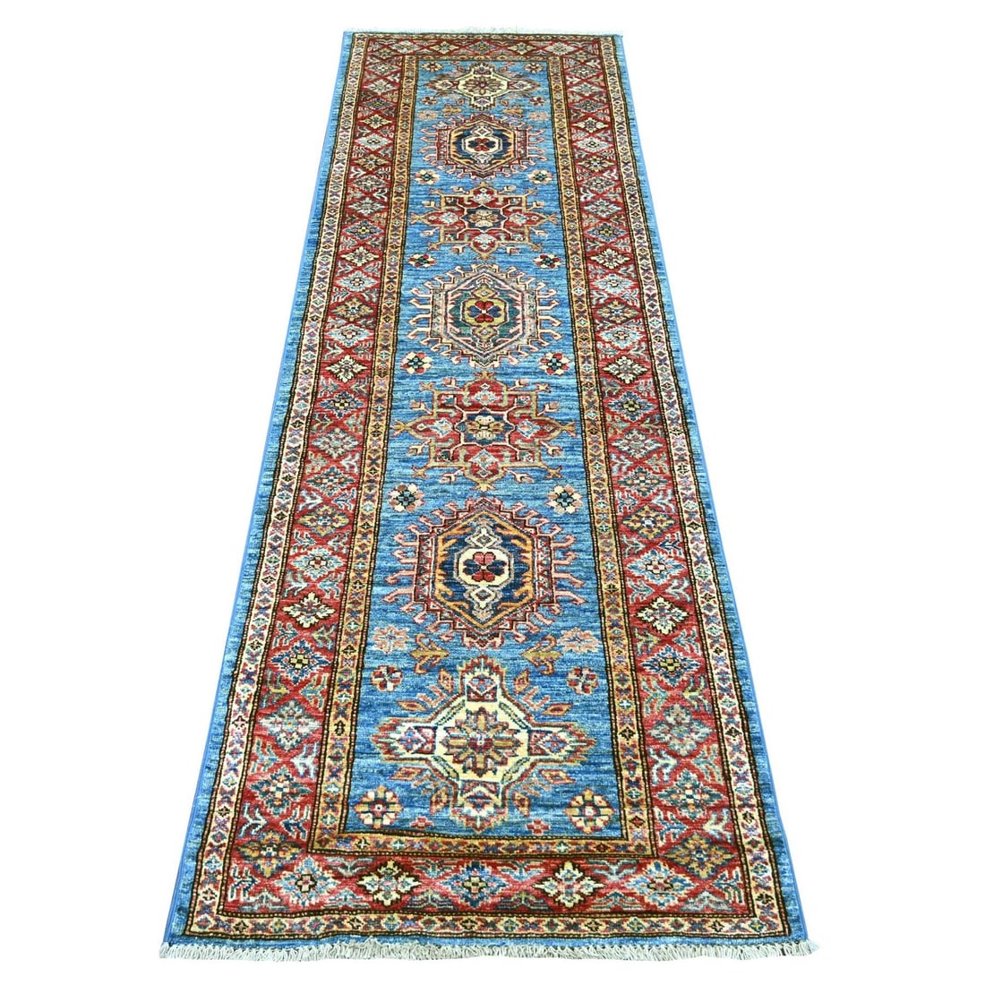 2'7"x8' Blue Super Kazak Medallions Design Hand Knotted Wool Runner Rug: 2'7"x8' Blue Super Kazak Medallions Design Hand Knotted Wool Runner Rug Hand-knotted in wool, this stunning 2'7"x8' Blue Super Kazak Medallions Design Runner Rug boasts a rich, vibrant blue field colo