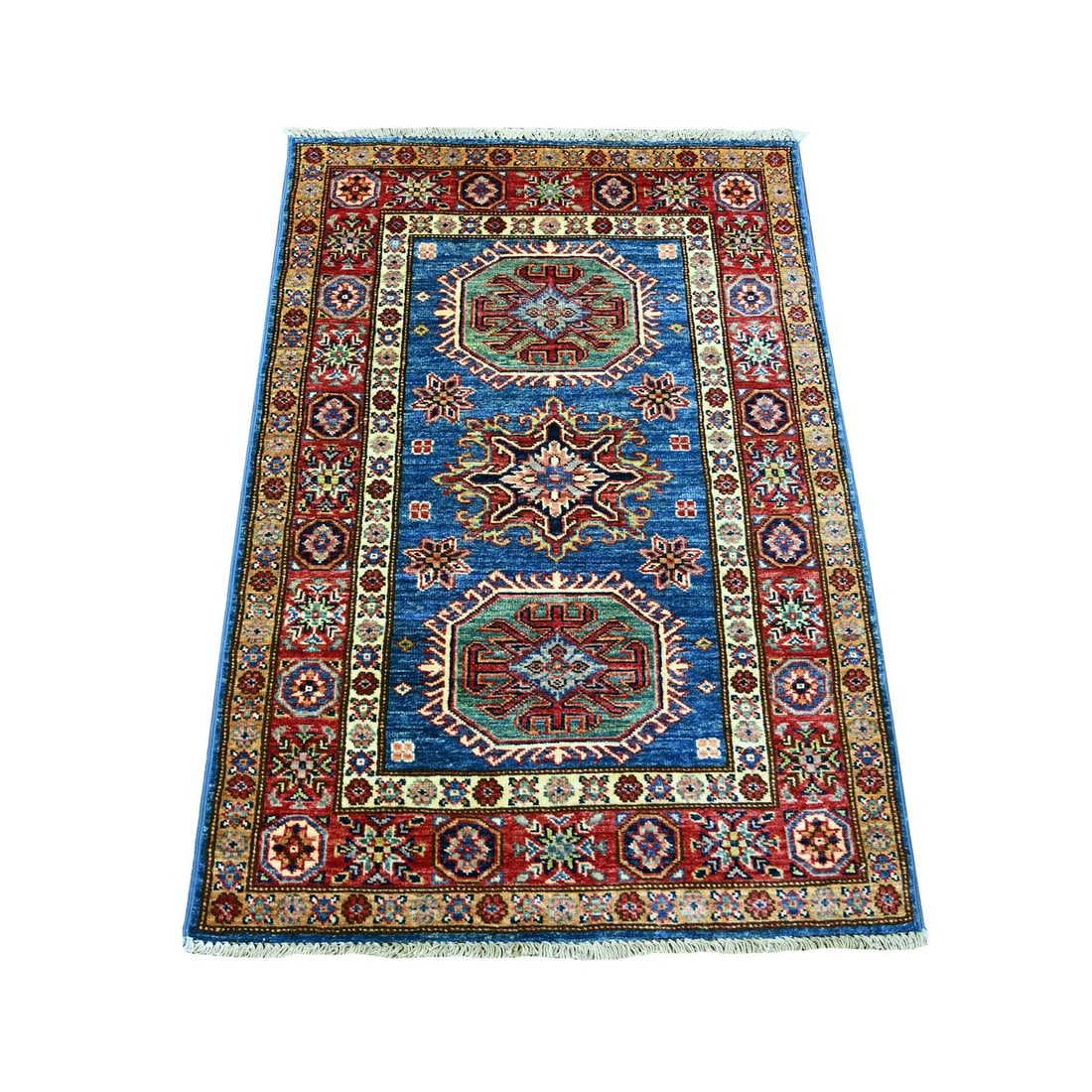 2'10"x4' Blue Afghan Super Kazak Medallions Design Hand Knotted Wool Rug: 2'10"x4' Blue Afghan Super Kazak Medallions Design Hand Knotted Wool Rug Blue Afghan Super Kazak Medallions Design Hand Knotted Wool Rug, 2'10"x4', features a stunning all-over regional design in a vi