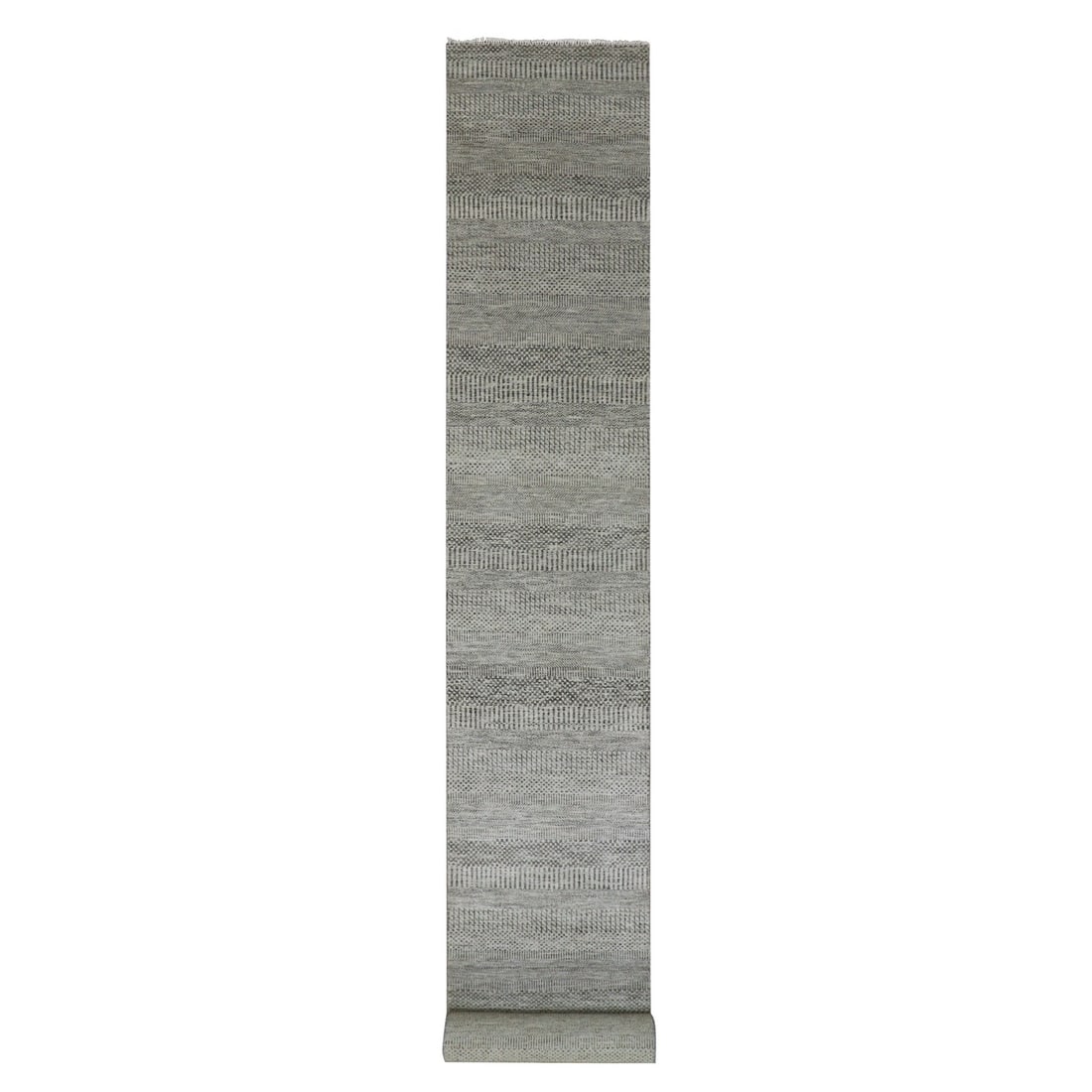 2'7"x18'4" Sabre Gray Modern Undyed Grass Wool XL Runner Oriental Rug: 2'7"x18'4" Sabre Gray Modern Undyed Grass Wool XL Runner Oriental Rug Sabre Gray Modern Undyed Grass Wool XL Runner Oriental Rug boasts a stunning flatweave design in a rich, undyed grey hue. Hand-kno