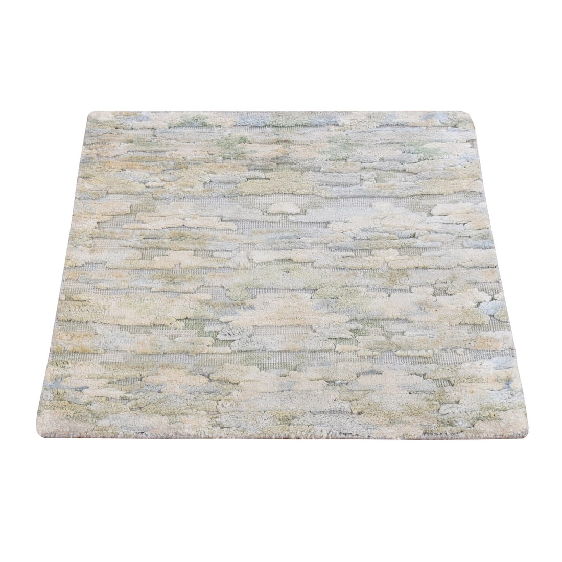 2'x2' Beige Sample Fragment Pure Silk with Wool Hand Knotted Square Rug: 2'x2' Beige Sample Fragment Pure Silk with Wool Hand Knotted Square Rug Beige silk and wool hand-knotted square rug, measuring 24" x 24", features a subtle Oriental pattern in light green and brown ac