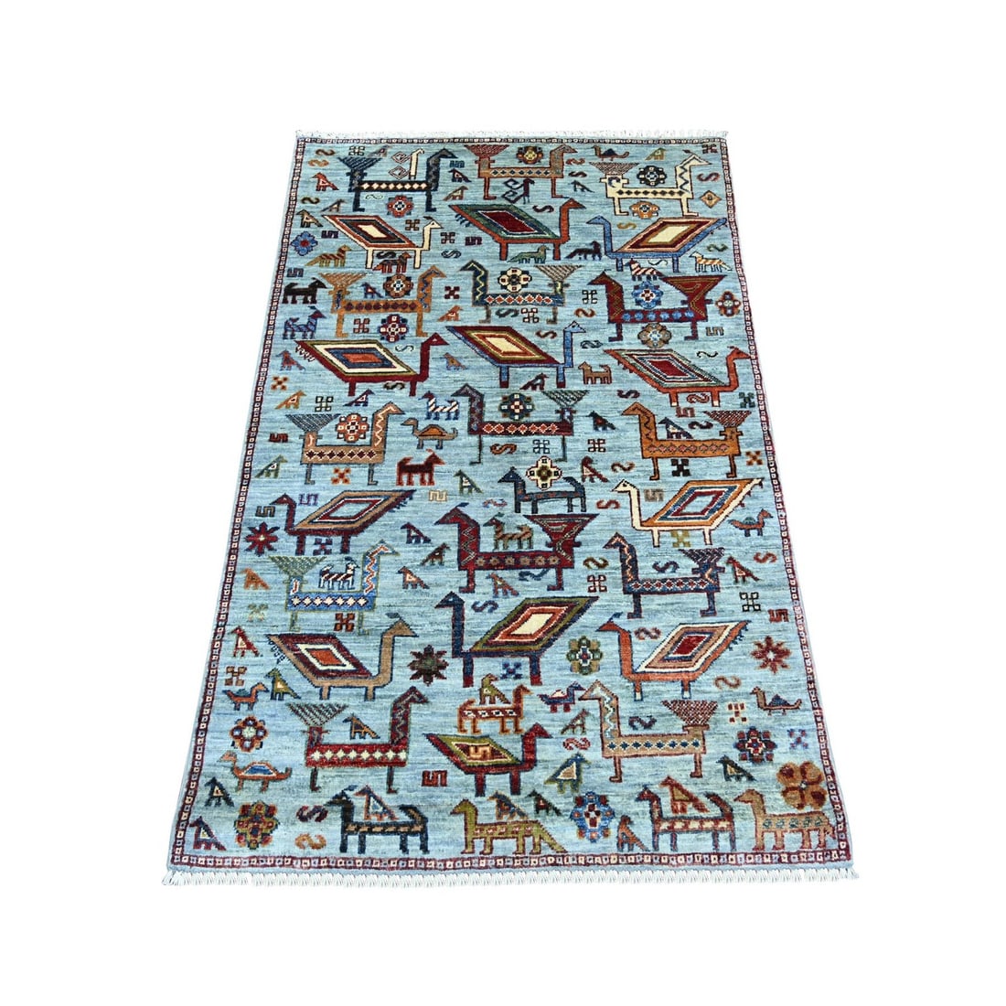 3'2"x5' Light Blue Hand Knotted Sultani Ancient Bird Figurines Wool Rug (1 of 6)