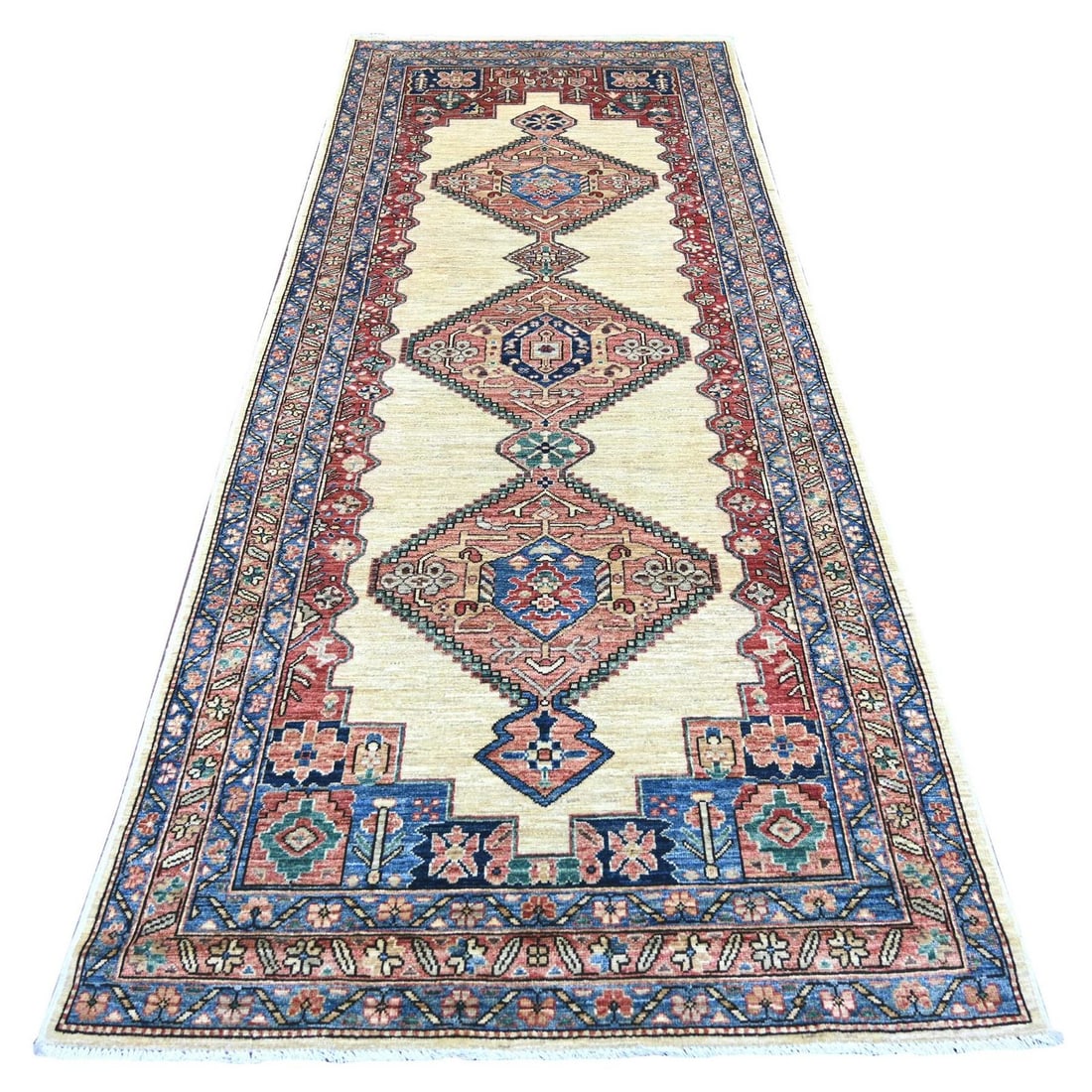 4'x9'10" Ivory Bookshaish Design Hand Knotted Pure Wool Wide Runner Rug: 4'x9'10" Ivory Bookshaish Design Hand Knotted Pure Wool Wide Runner Rug Hand-knotted in pure wool, this 4'x9'10" Aryana-style runner rug boasts a stunning ivory color and intricate geometric pattern, 
