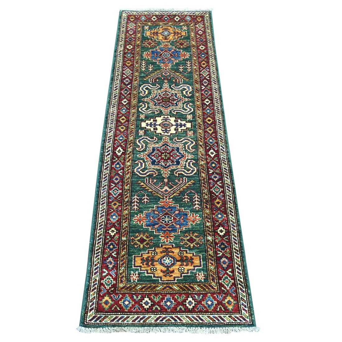Green Afghan Super Kazak Hand Knotted Pure Wool Narrow Runner Rug: Green Afghan Super Kazak Hand Knotted Pure Wool Narrow Runner Rug Hand-knotted in pure wool, this stunning Green Afghan Super Kazak rug boasts an all-over regional design in a rich green field, accent